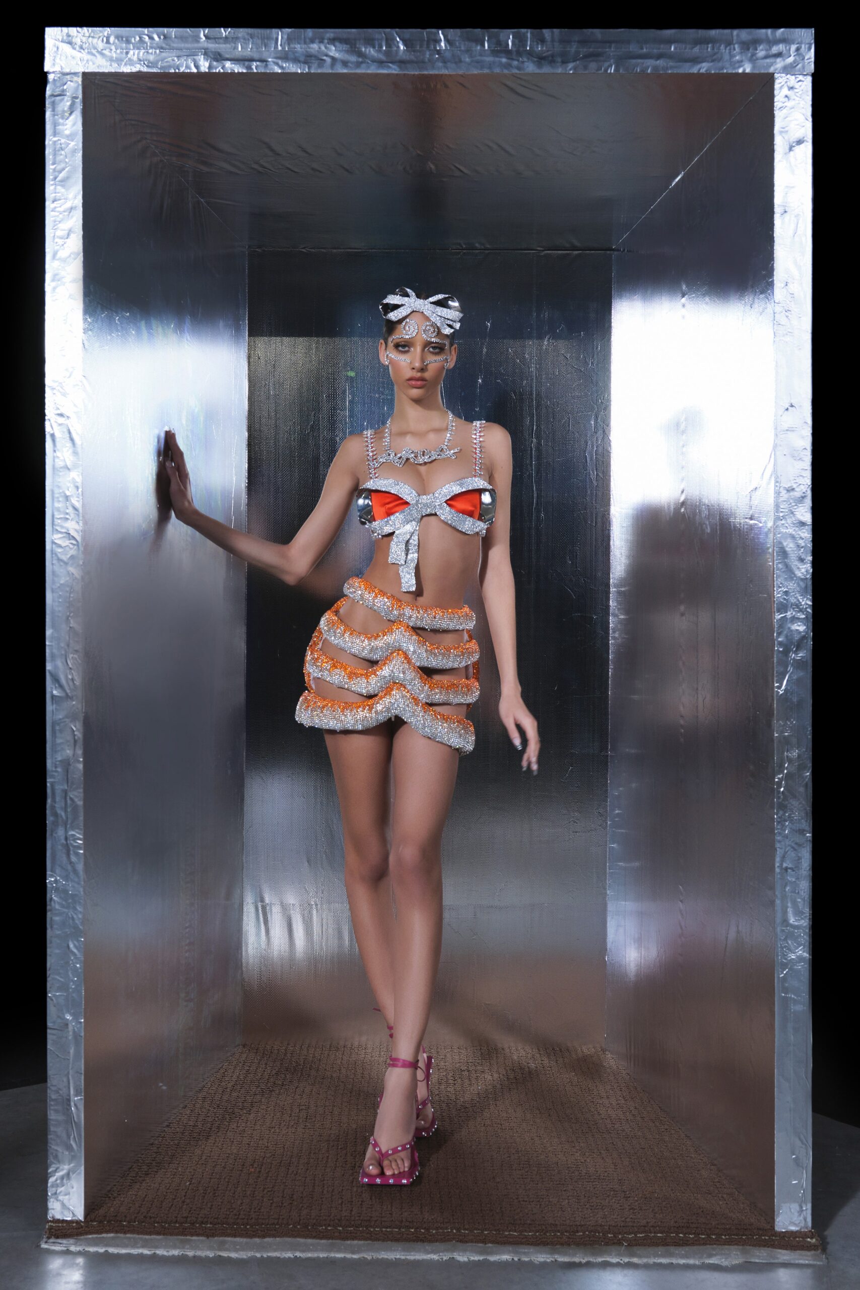 orange silk sleeveless v-neck fitted ruffled top