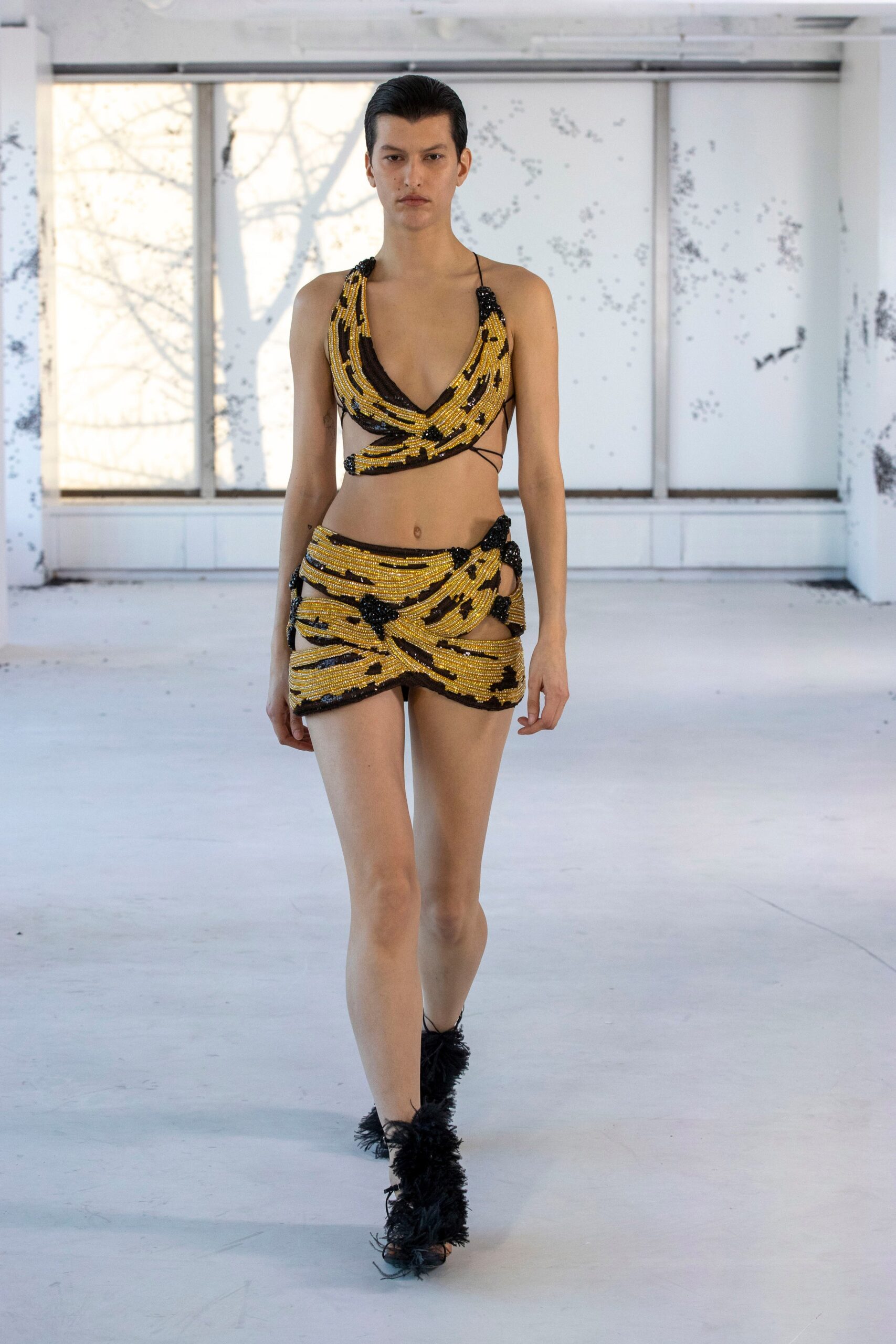 yellow sequin sleeveless v-neck fitted ruched shiny crop-top