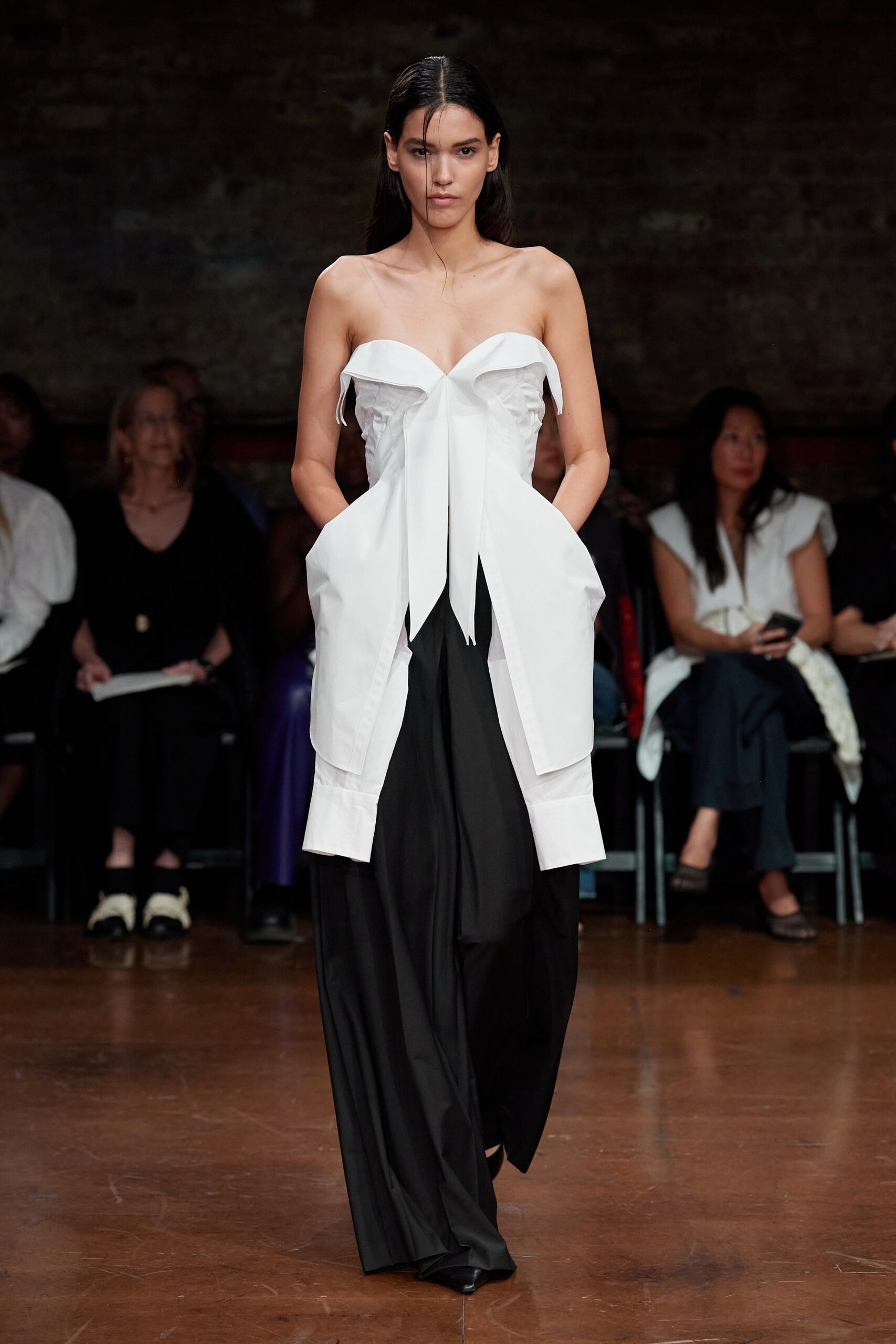 white cotton sleeveless collared fitted draped top