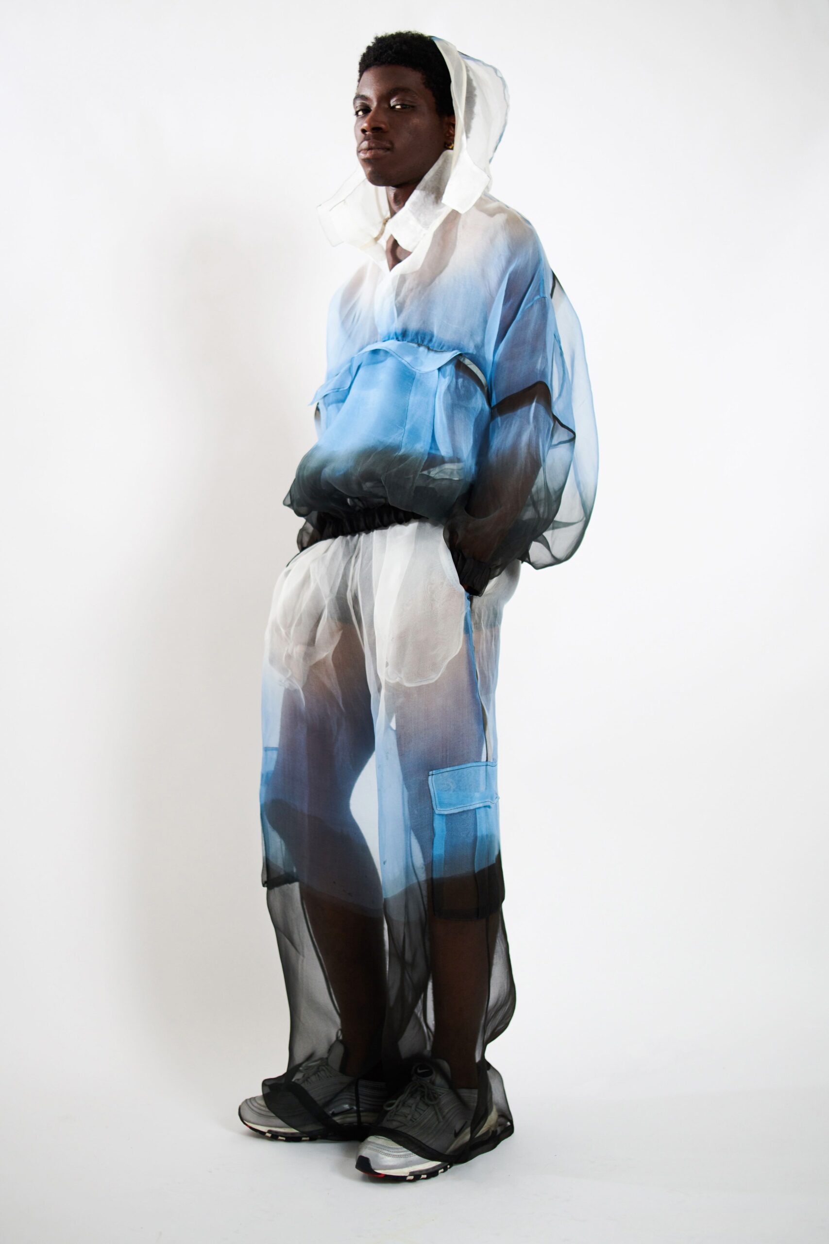 blue and black mesh coat with shorts