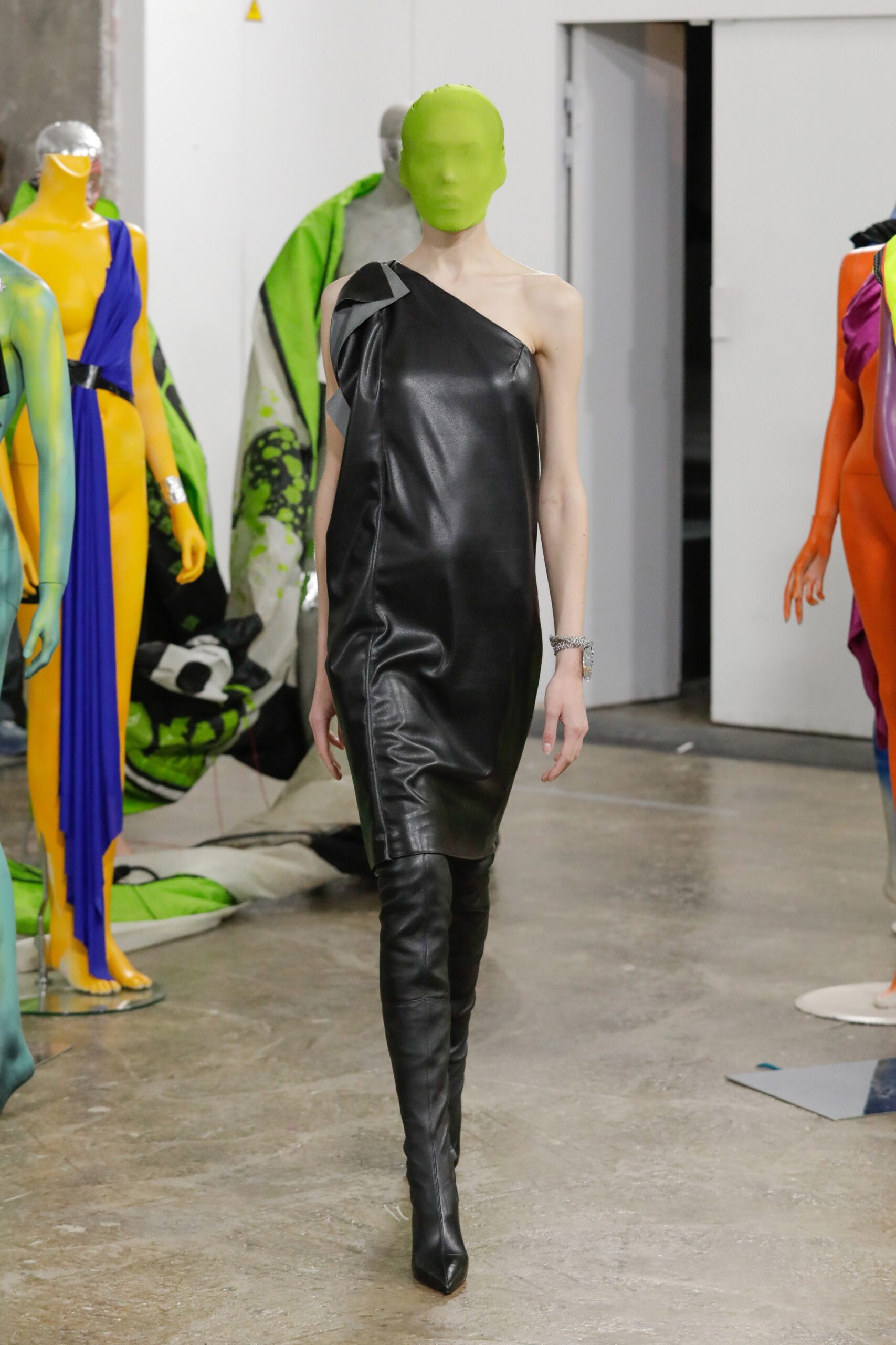 black leather sleeveless asymmetric fitted draped mini dress