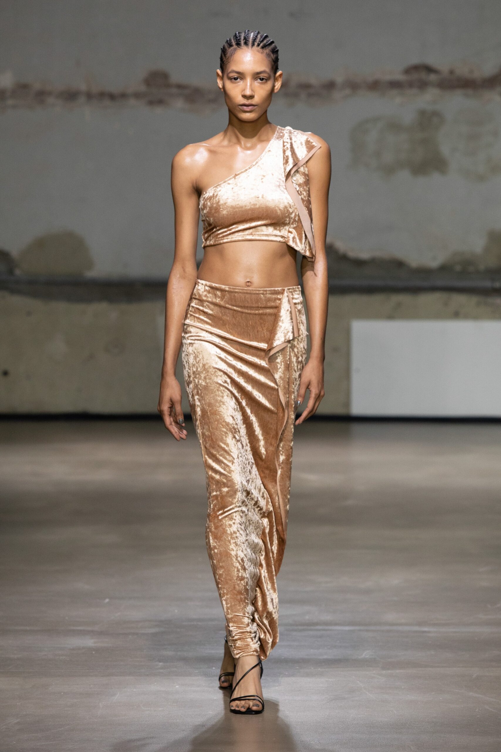 gold velvet fitted top and skirt