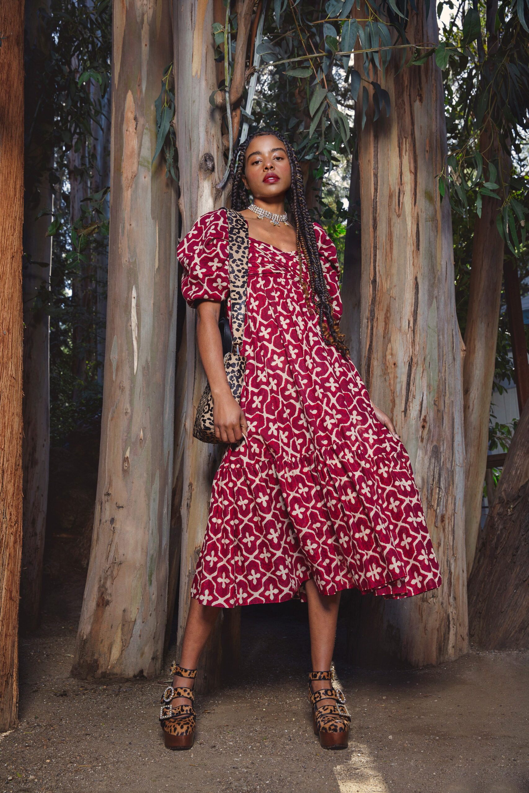red and white printed midi dress