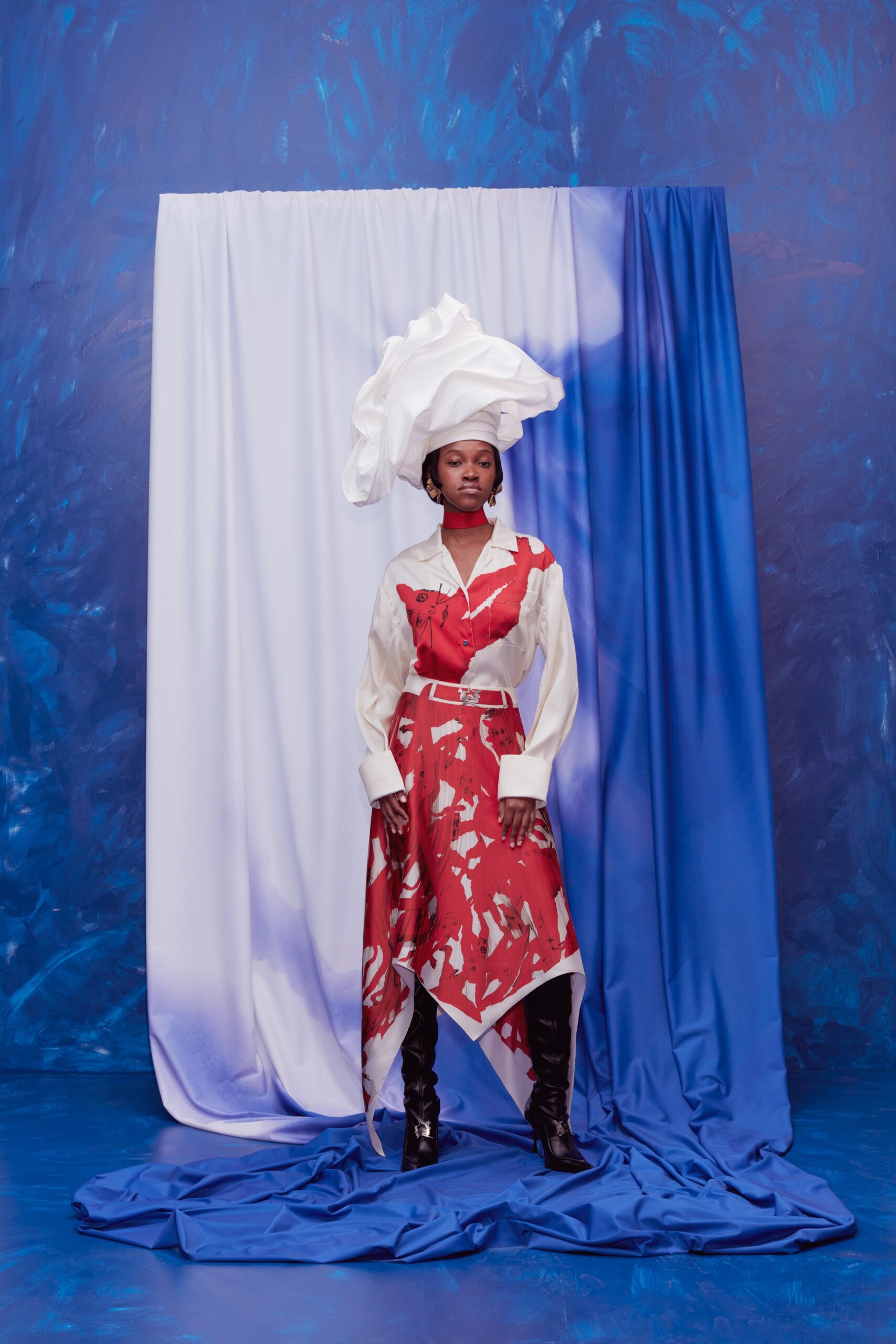 red and white asymmetric dress