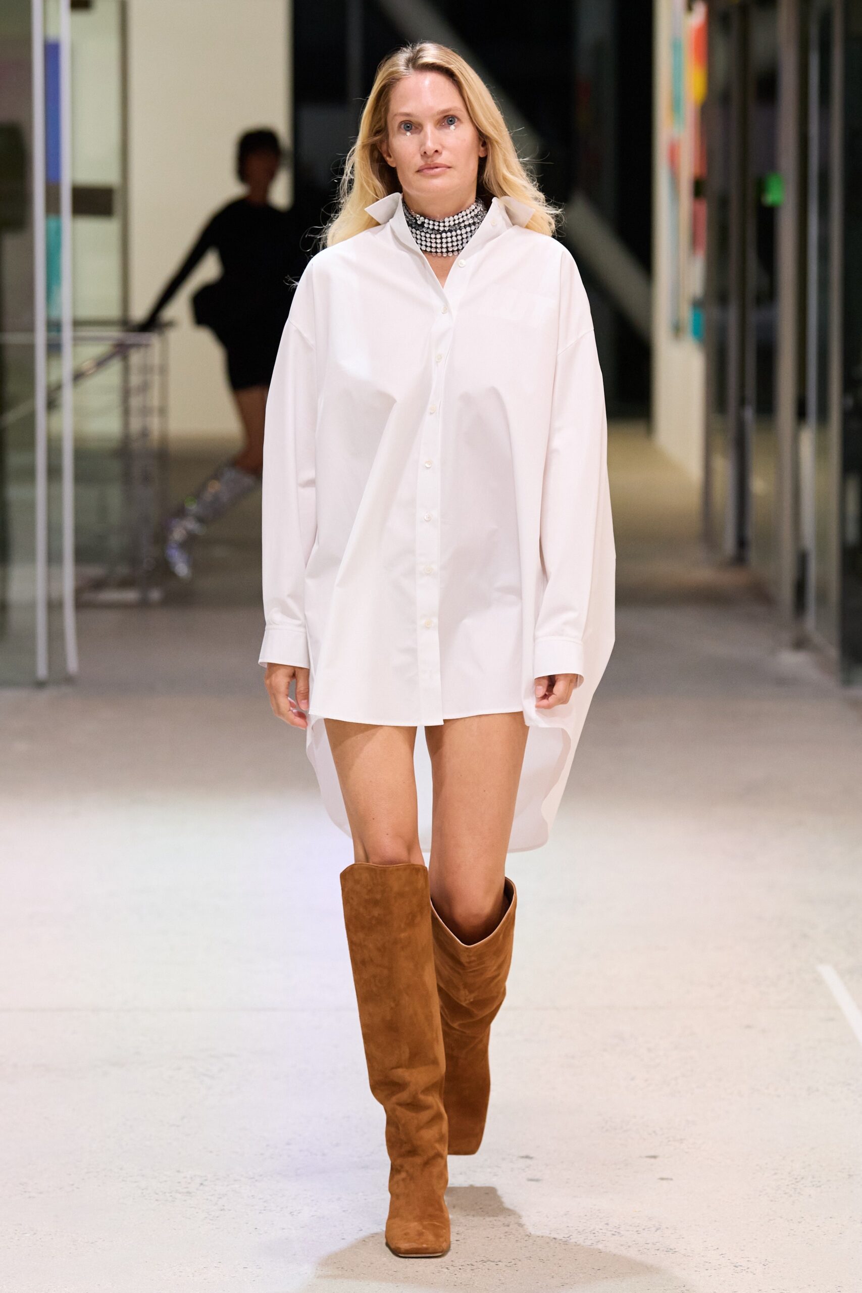 white cotton long-sleeve collared oversized buttoned short shirt-dress