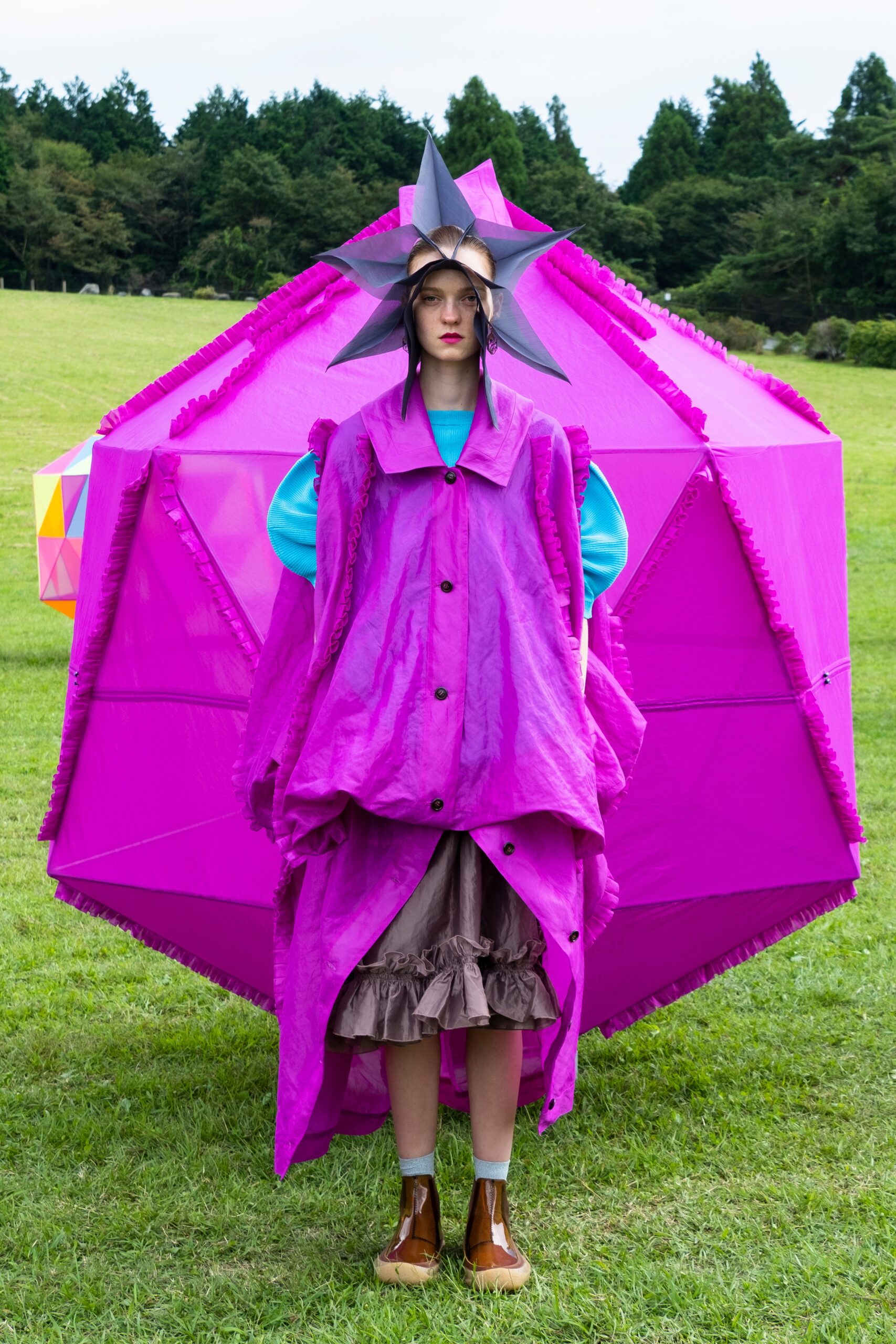 pink cotton long-sleeve collared oversized buttoned layered coat