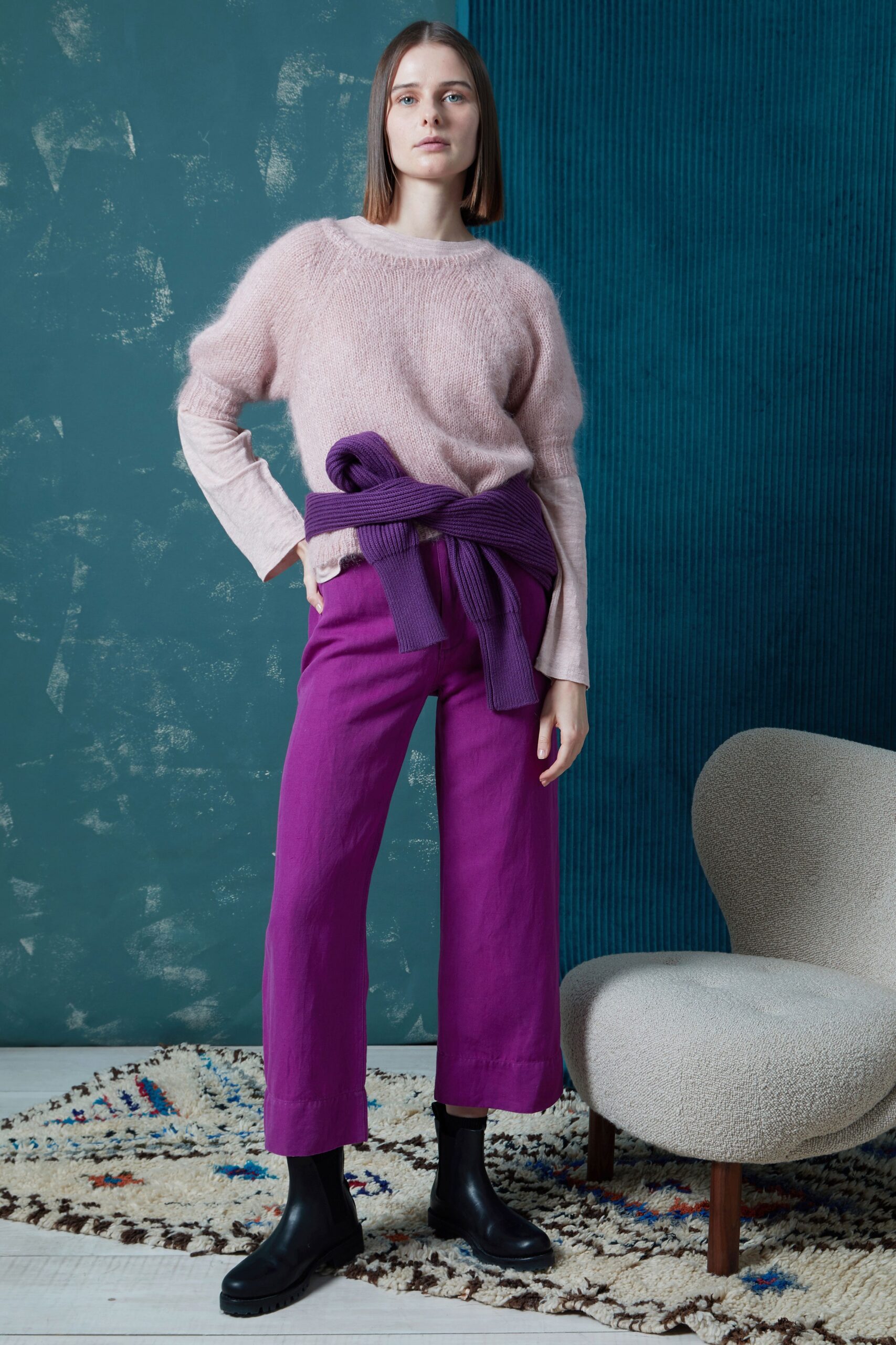 pink sweater purple pants outfit