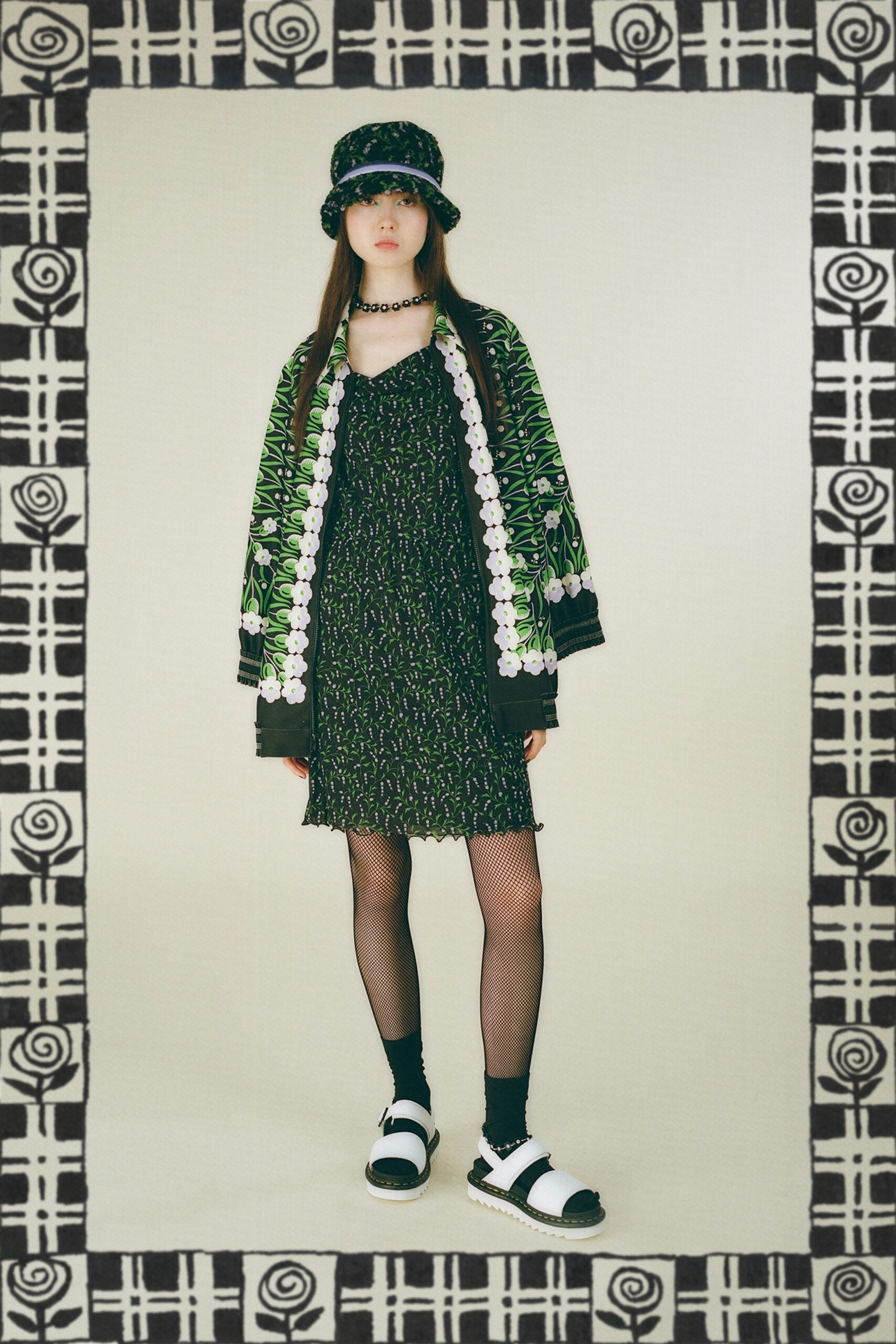black and green mini dress with oversized jacket