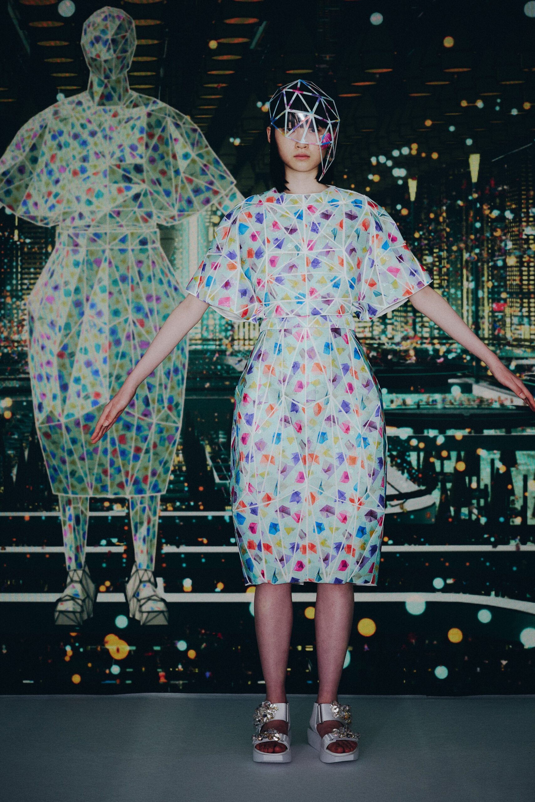 multi-colored fitted midi dress