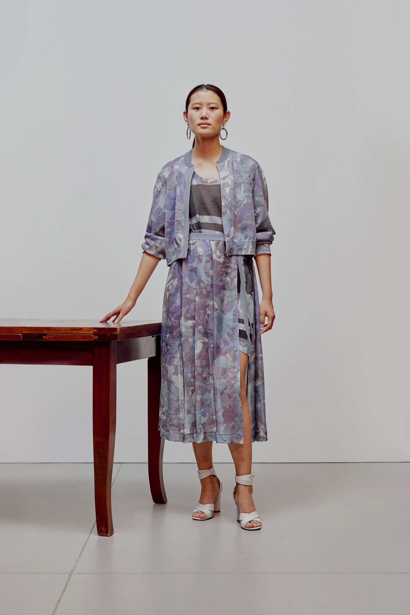 purple silk relaxed jacket and fitted dress