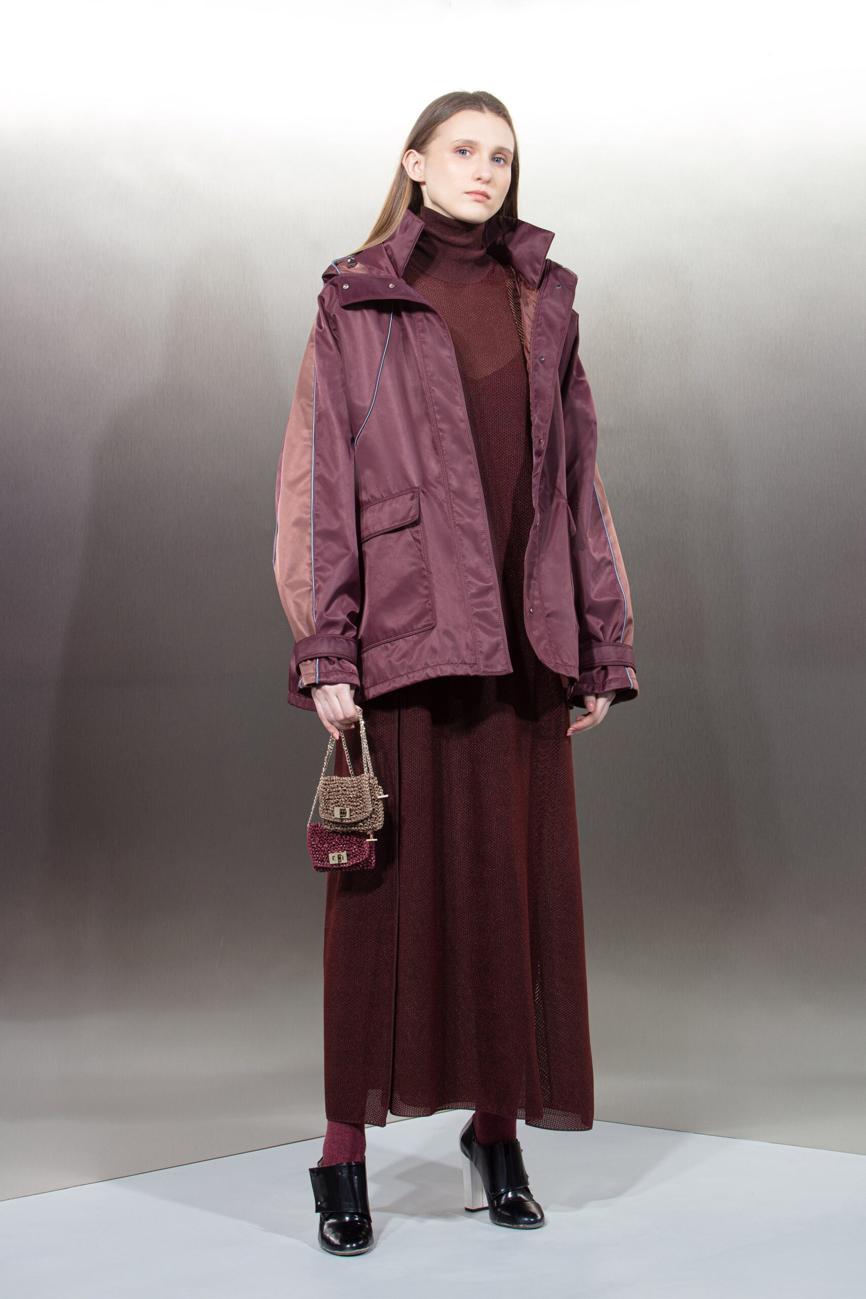 red silk long-sleeve high-neck fitted layered maxi dress