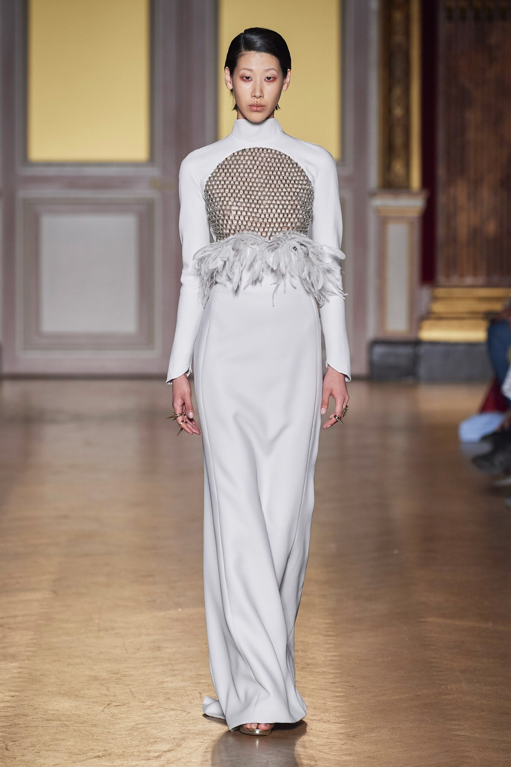 white fitted long-sleeve gown