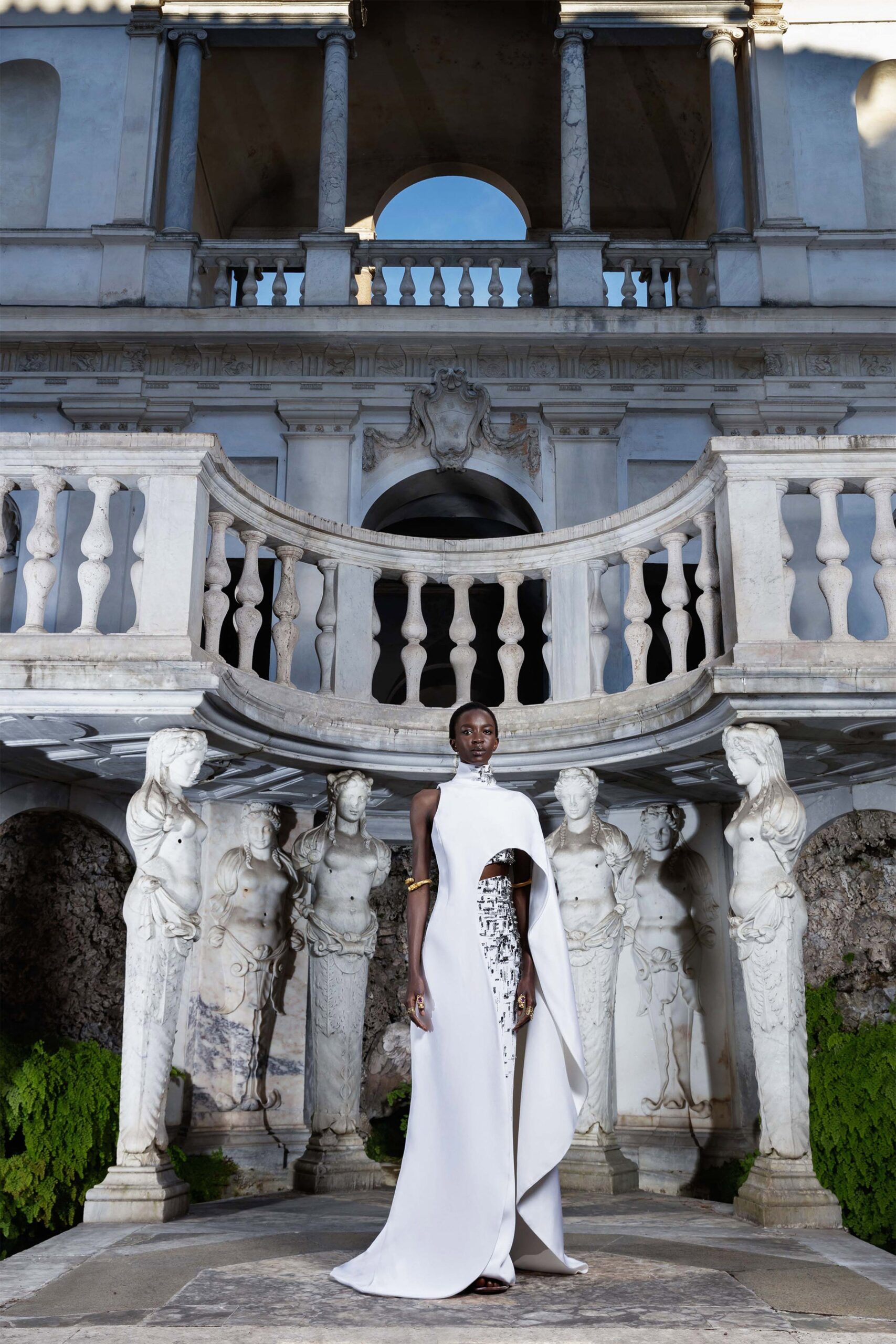 white silk fitted gown