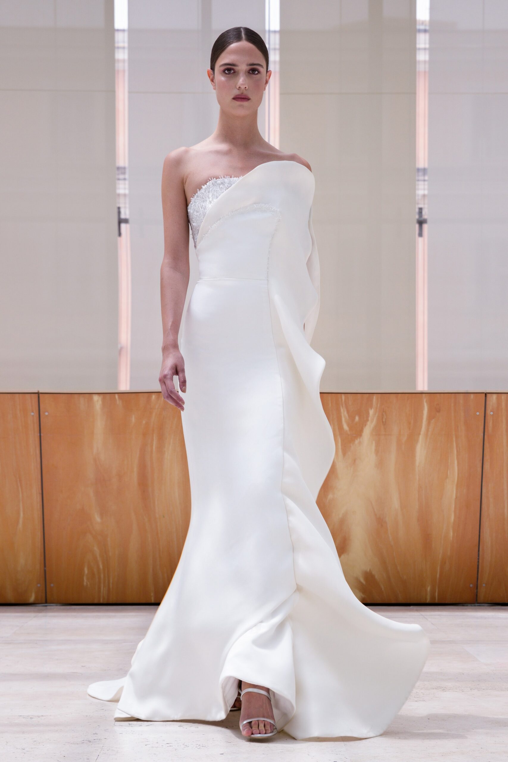 white silk strapless gown