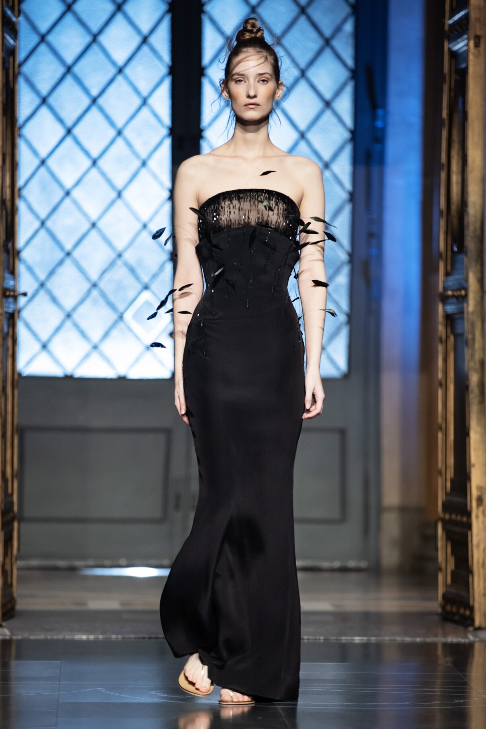 black silk strapless gown