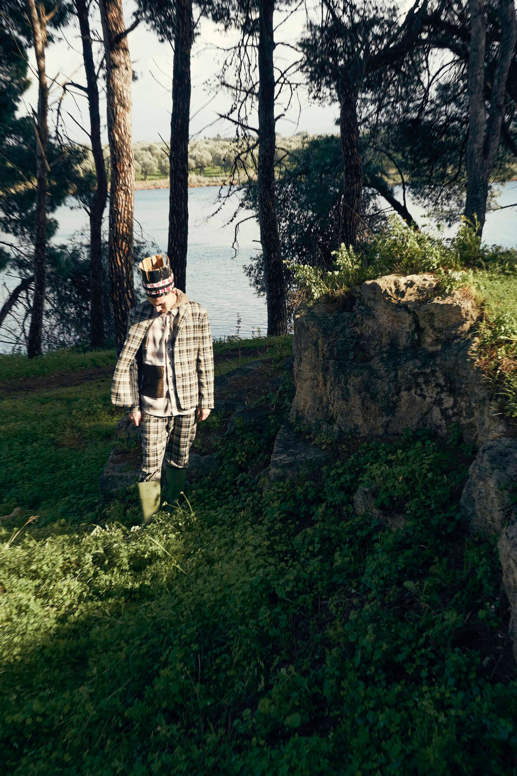 green checked suit with rubber boots