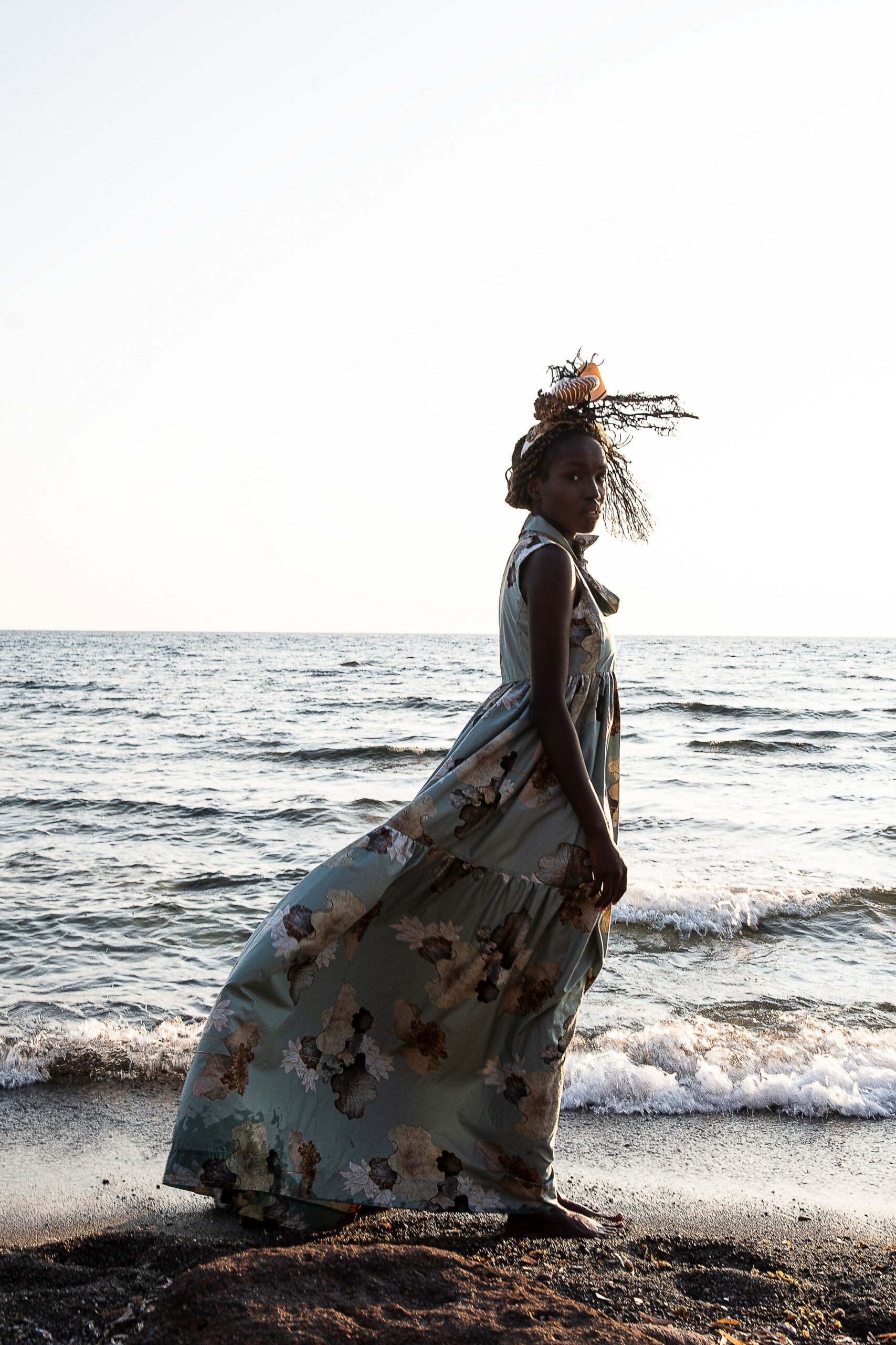 blue and beige floral maxi-dress