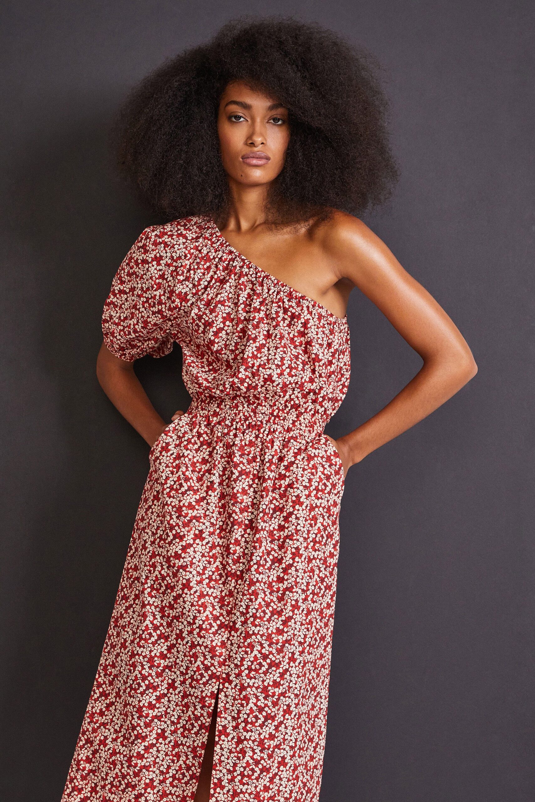 red and white floral midi dress