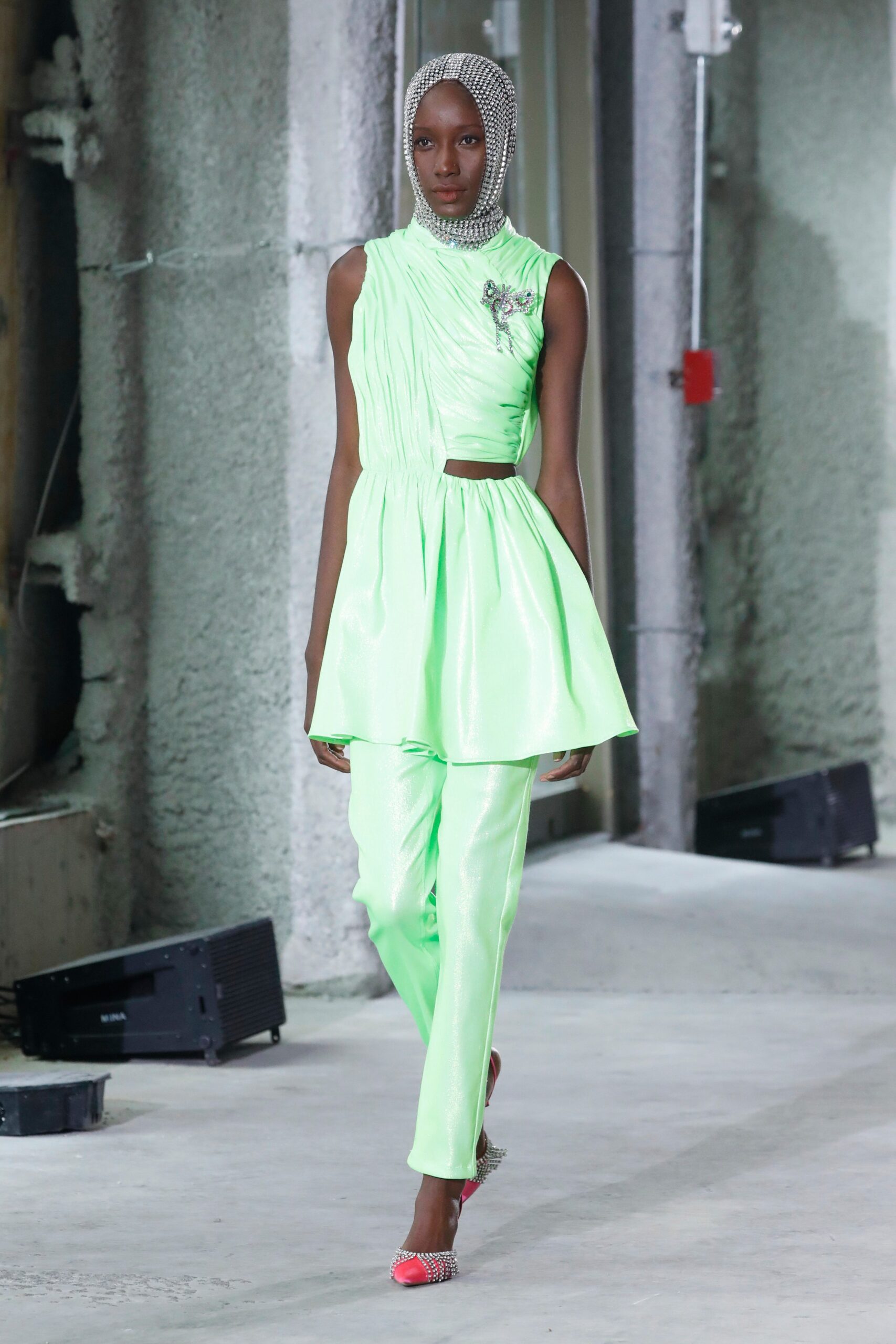 green silk fitted jumpsuit