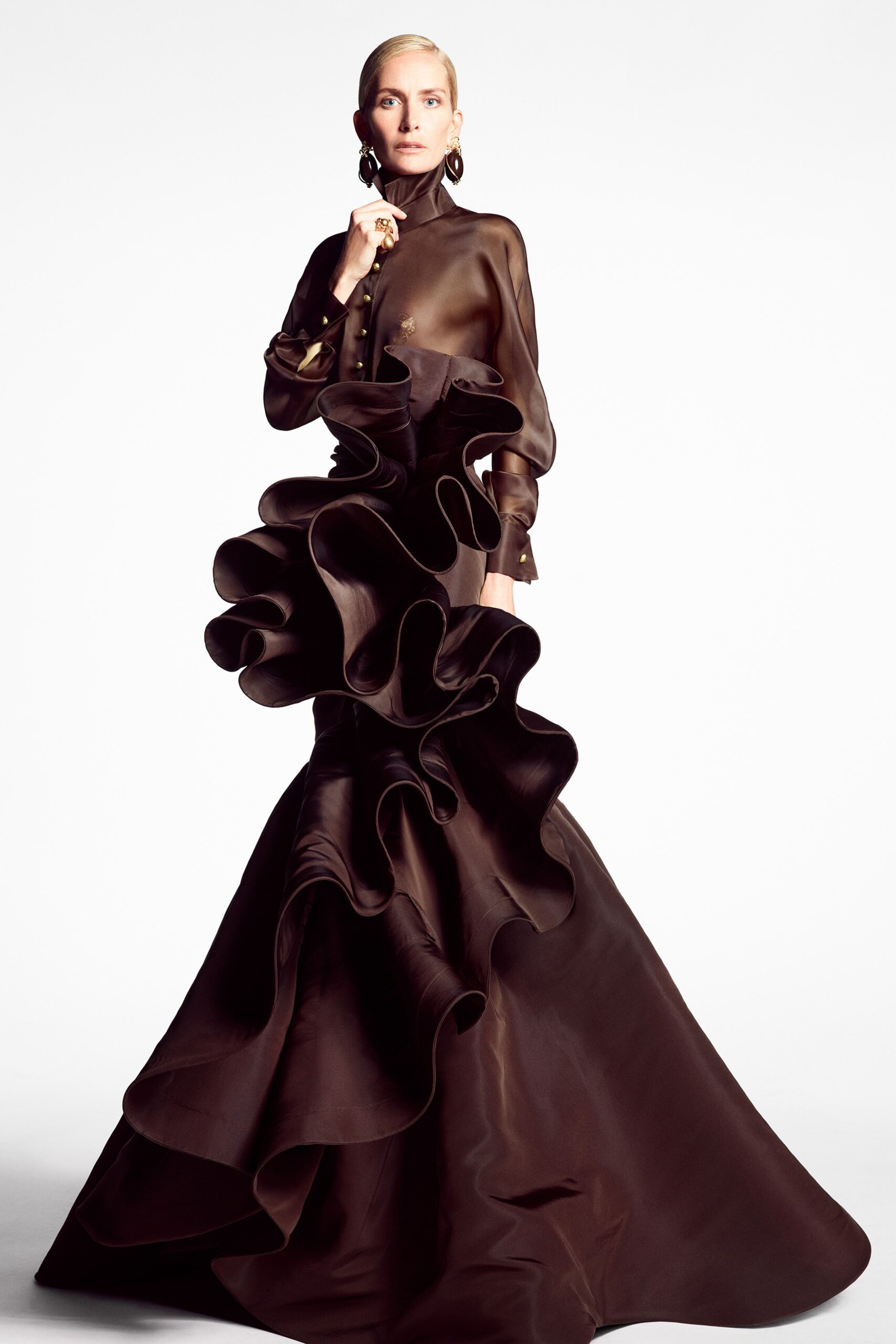 brown silk ruffled gown