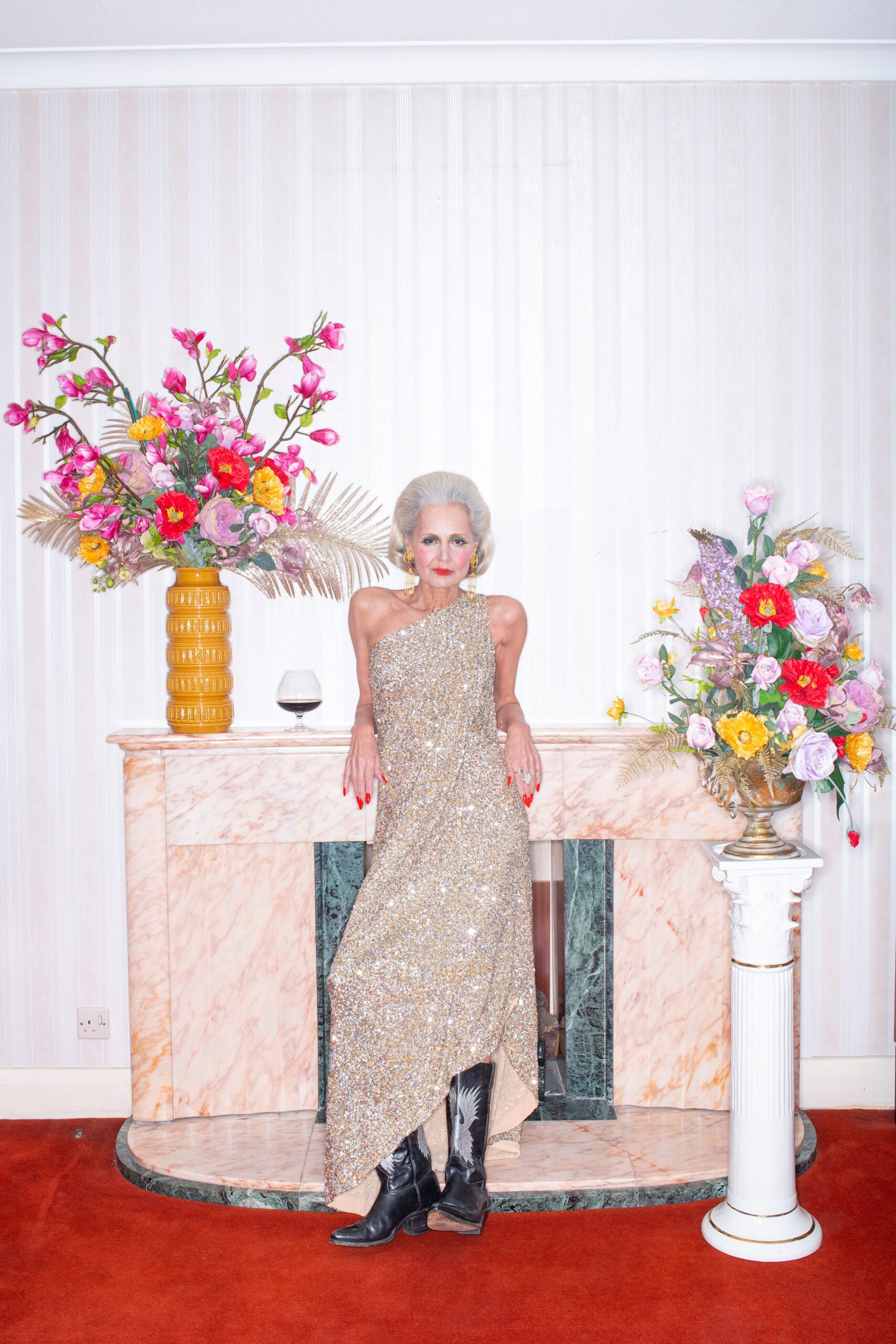 gold sequin sleeveless asymmetric fitted draped shiny gown