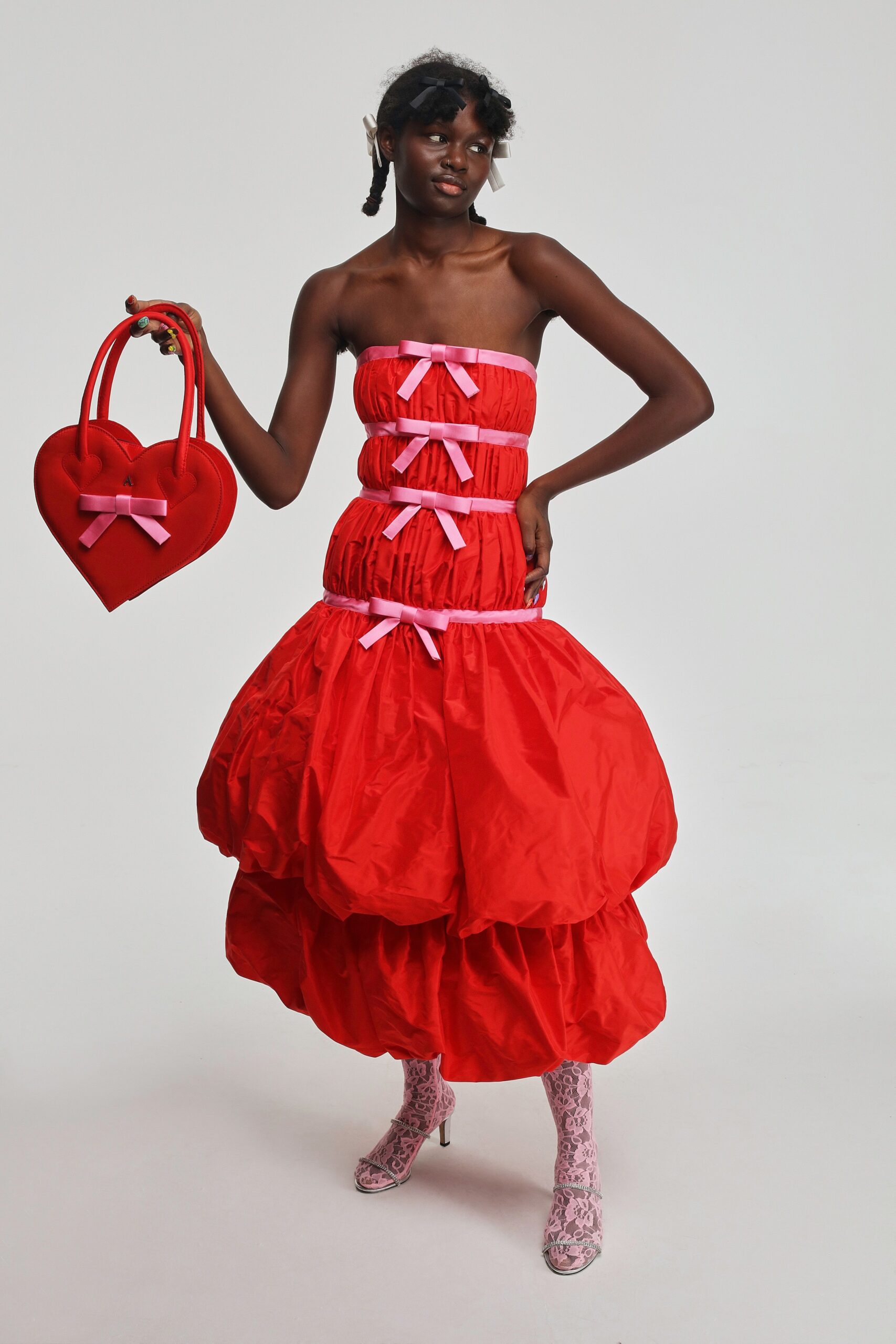red cotton strapless fitted tiered ruffled midi dress