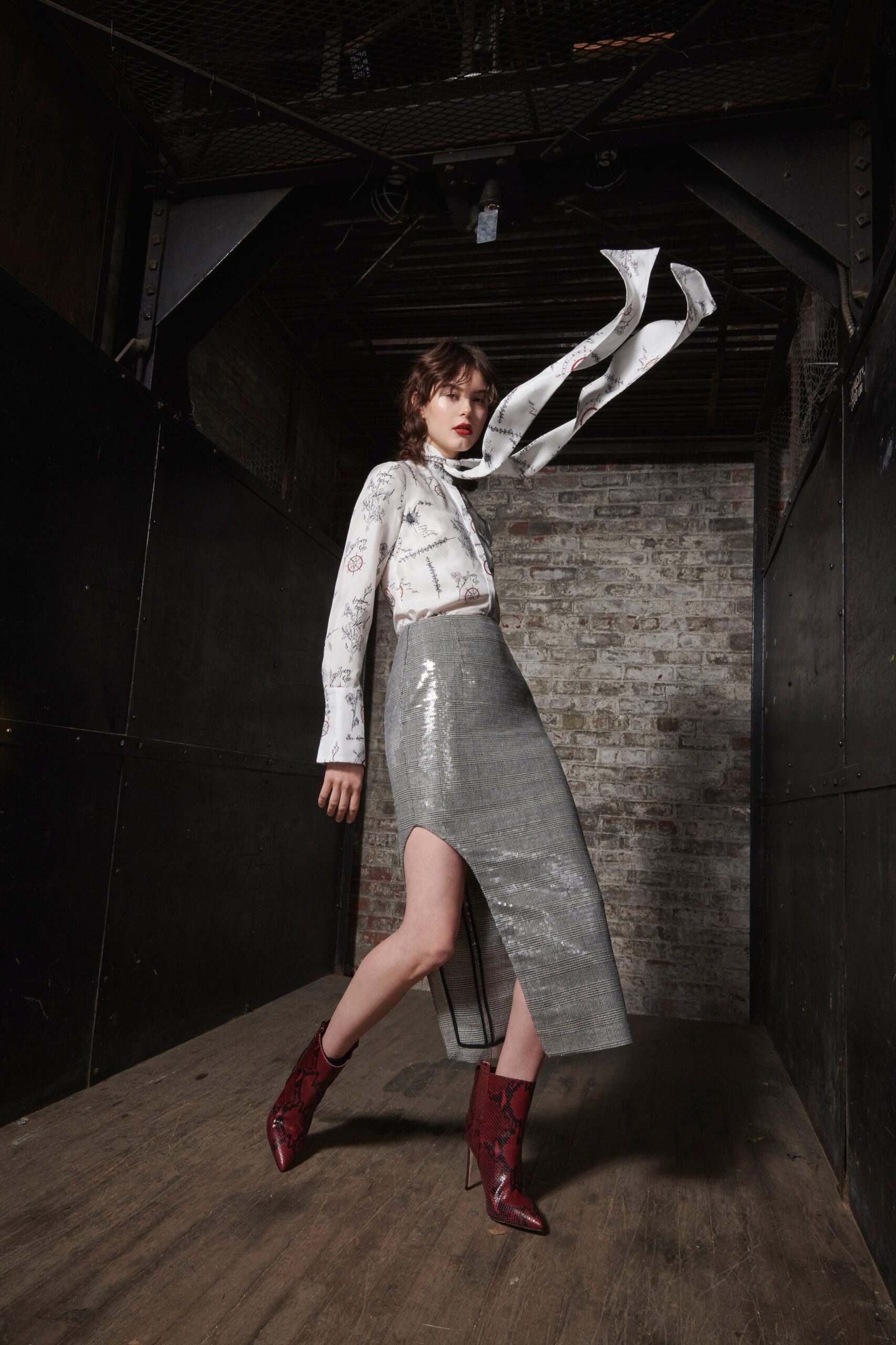 gray metallic asymmetric slit fitted shiny skirt