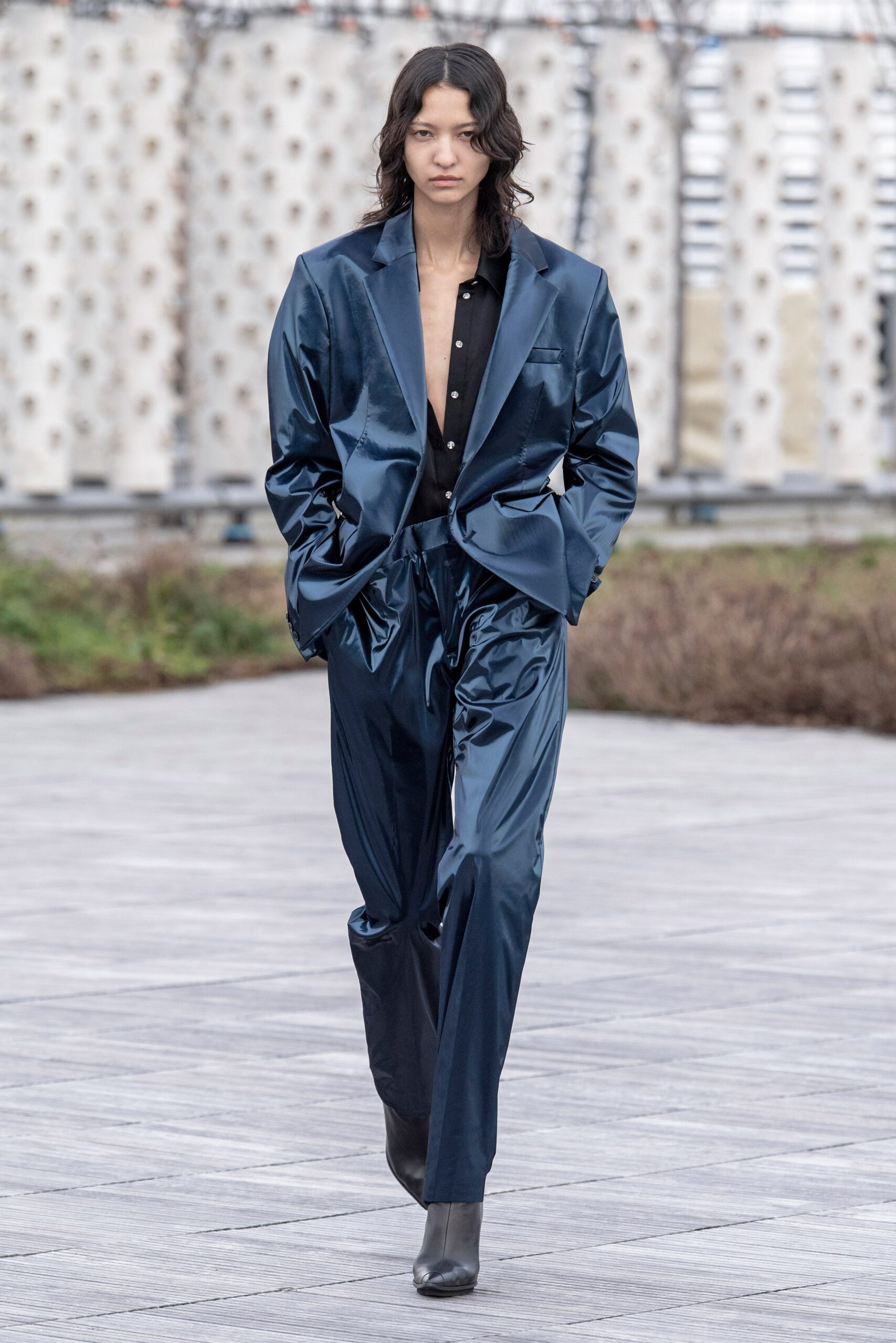 blue satin tailored blazer and pants