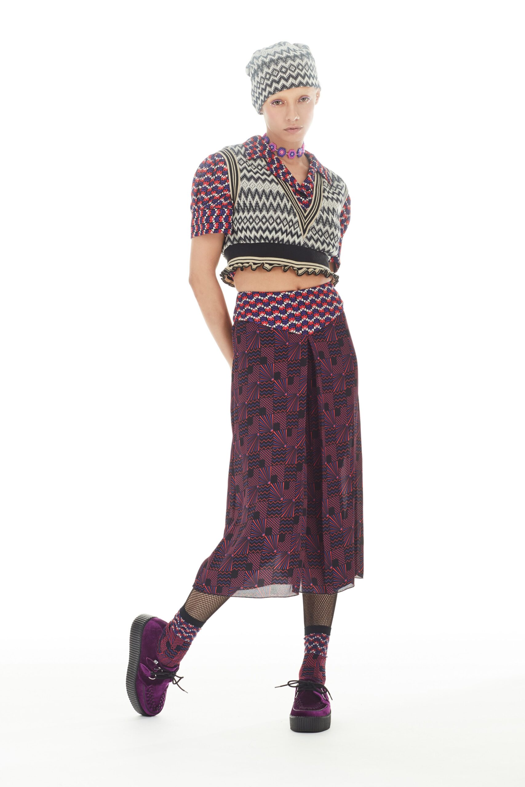 red chiffon relaxed pleated flowing midi skirt