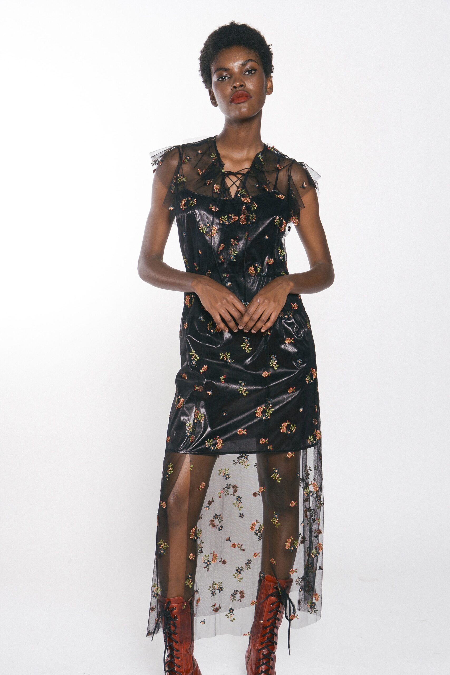 black leather chiffon dress