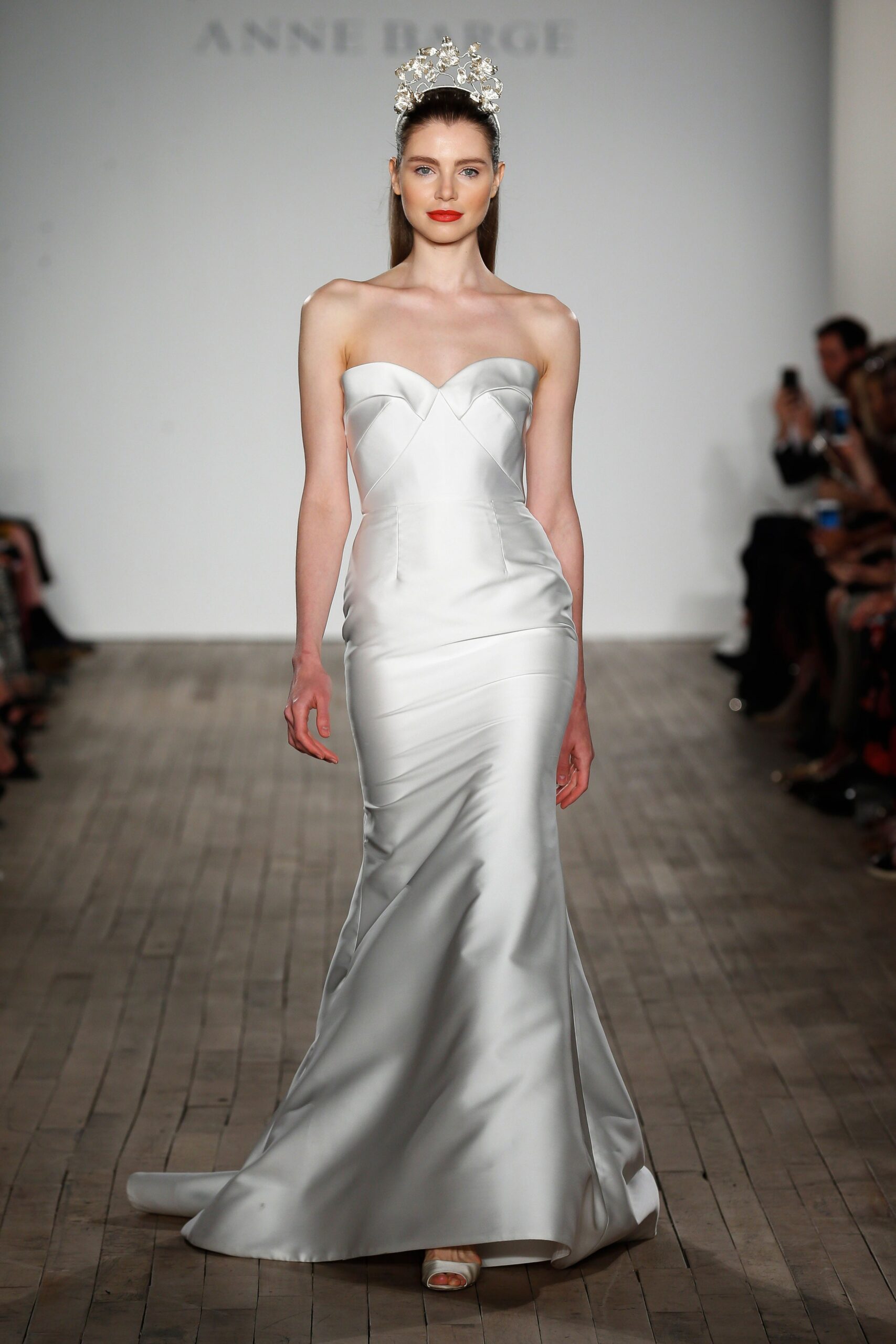 white silk strapless gown