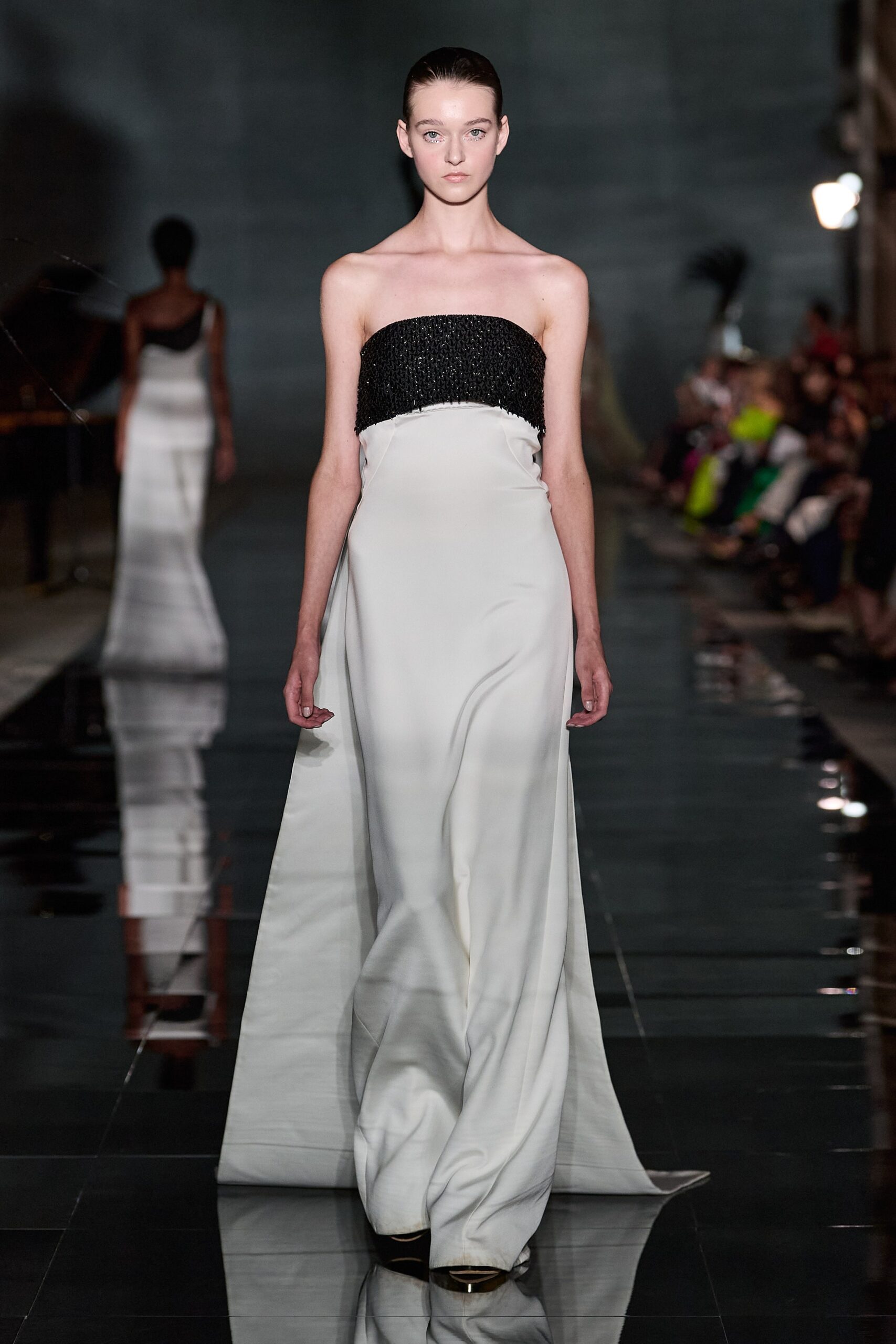 white silk strapless gown