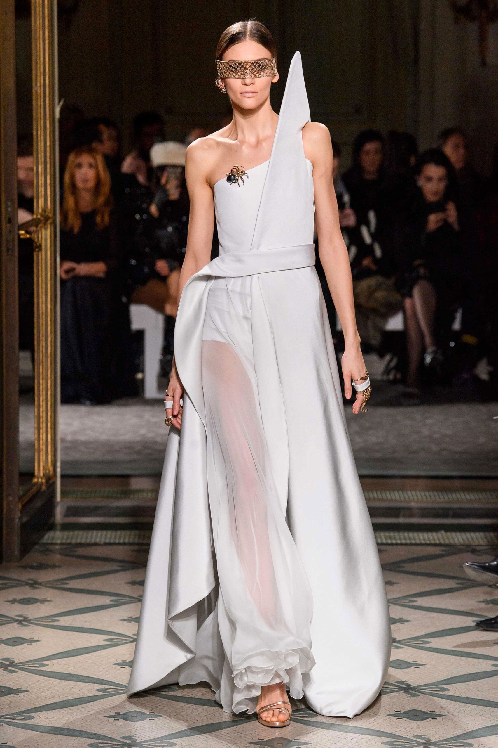 white silk asymmetric gown