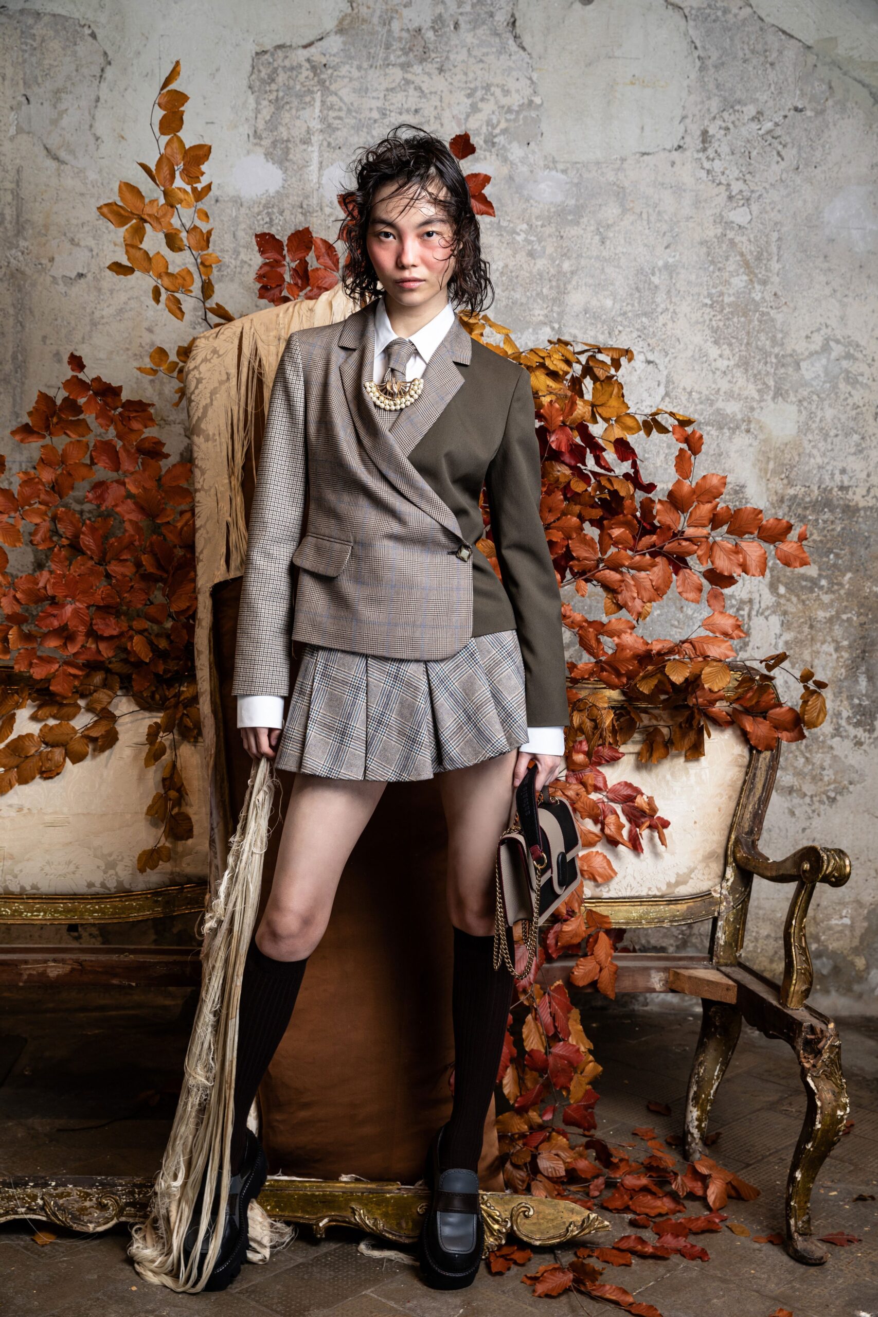 tailored gray blazer with mini skirt