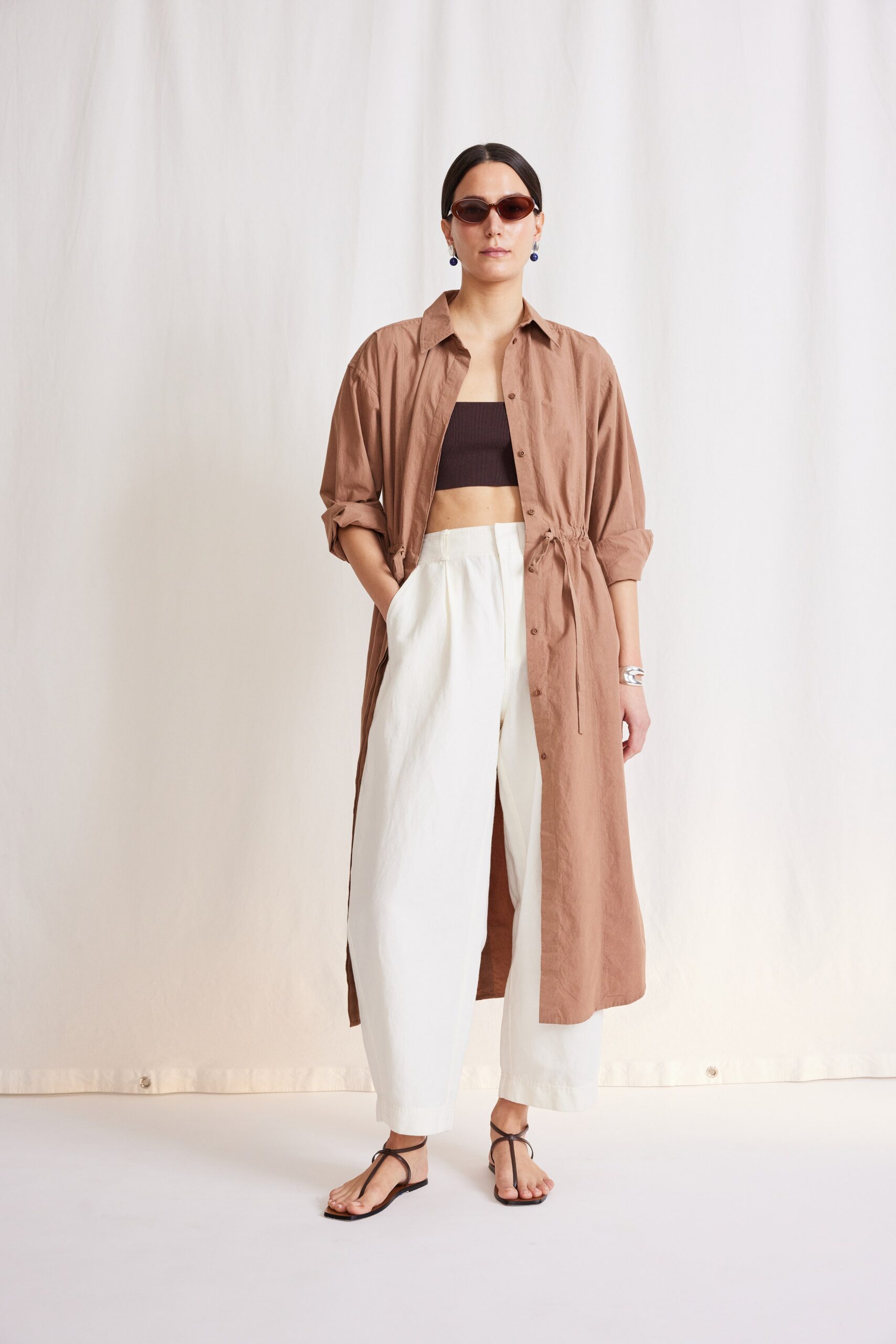 brown shirt-dress with crop-top