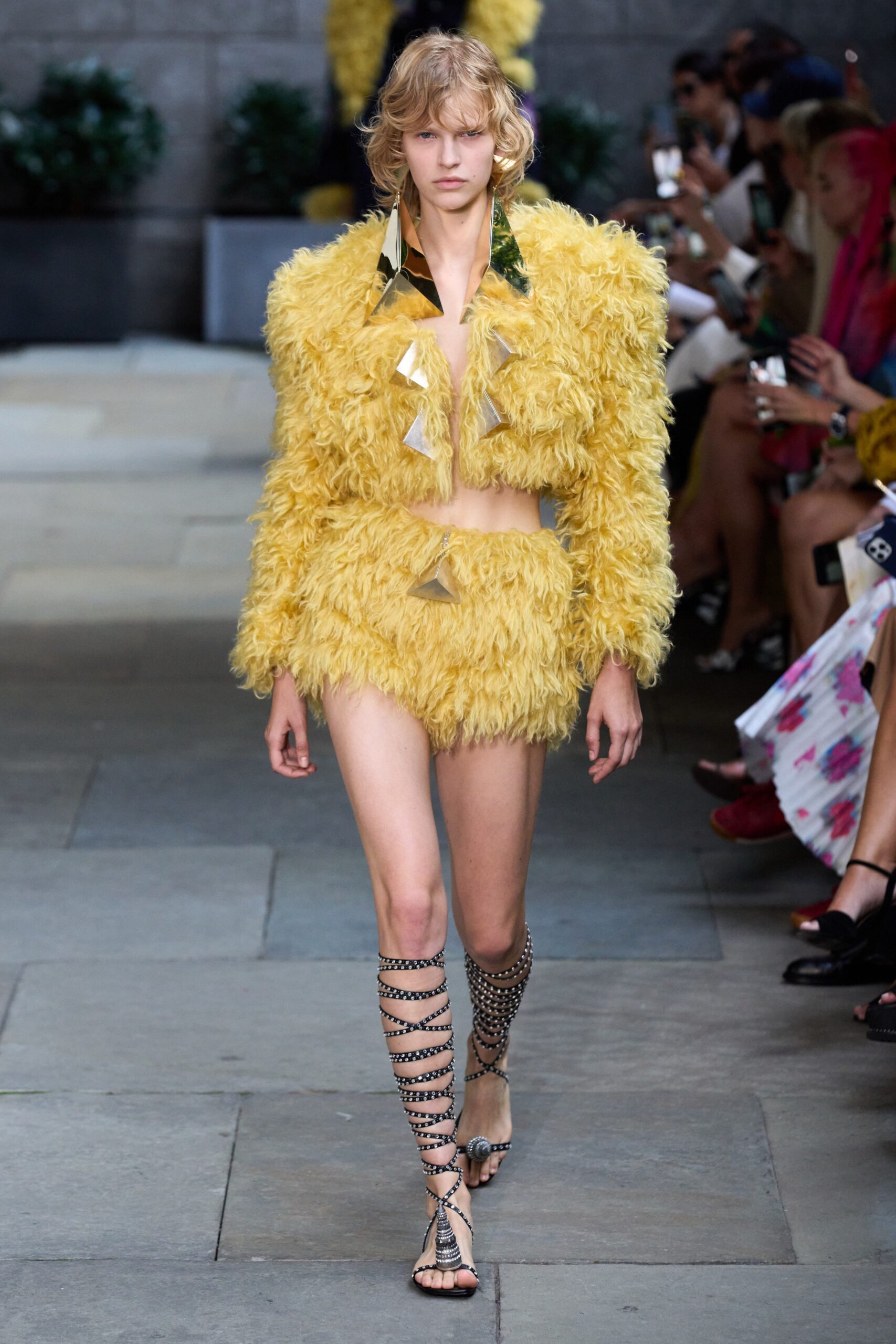 yellow fur fitted fringed short shorts