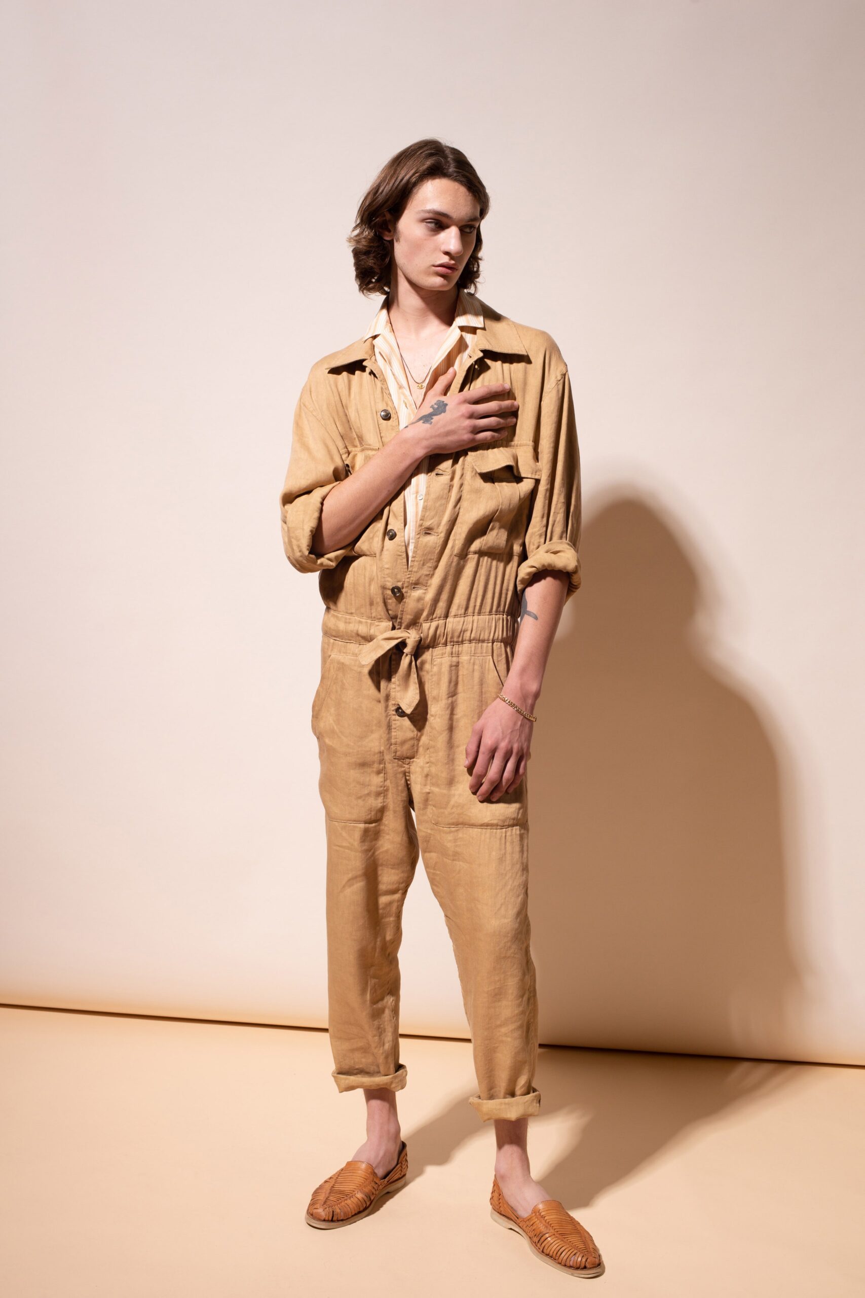 beige linen relaxed jumpsuit