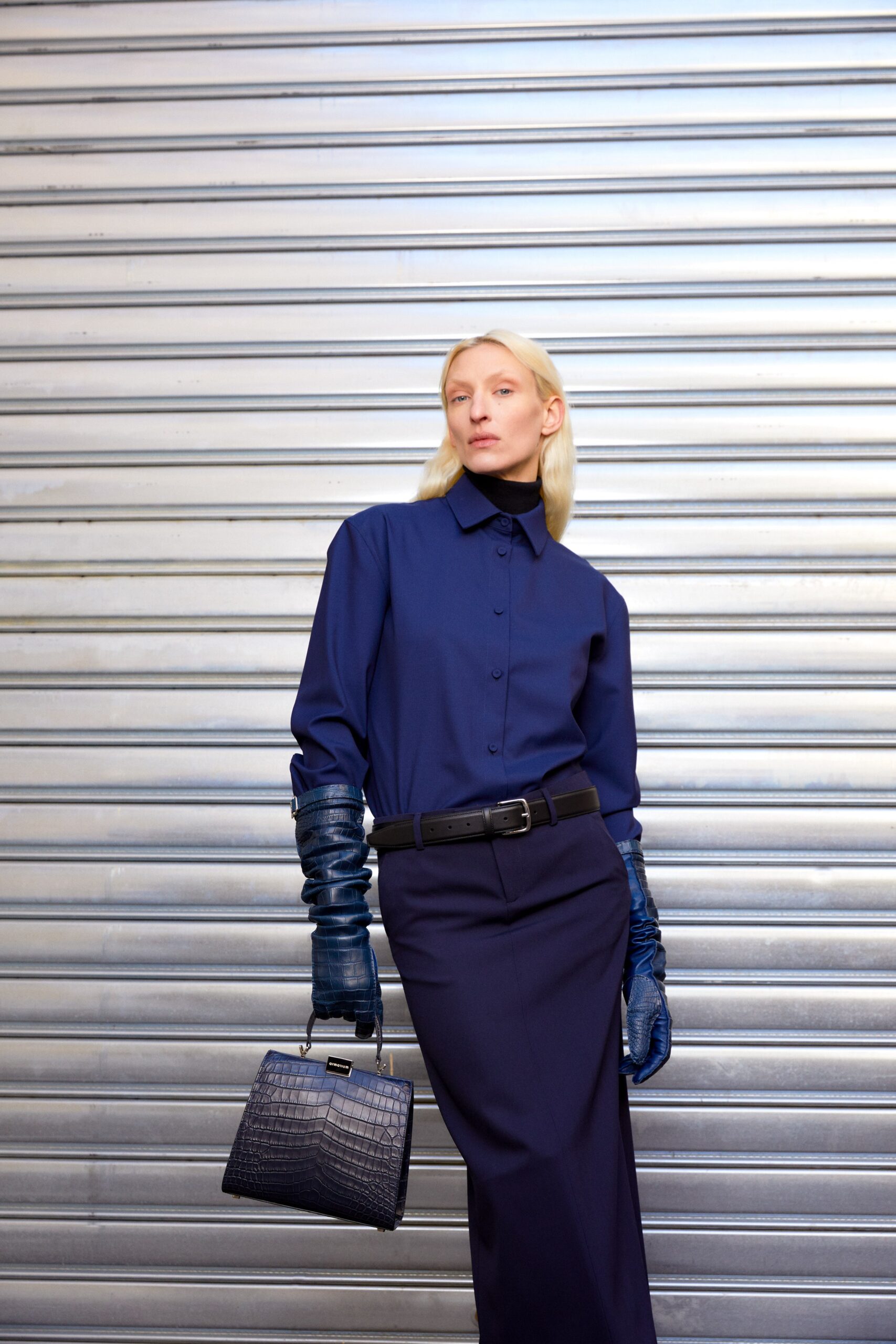 blue fitted shirt and skirt