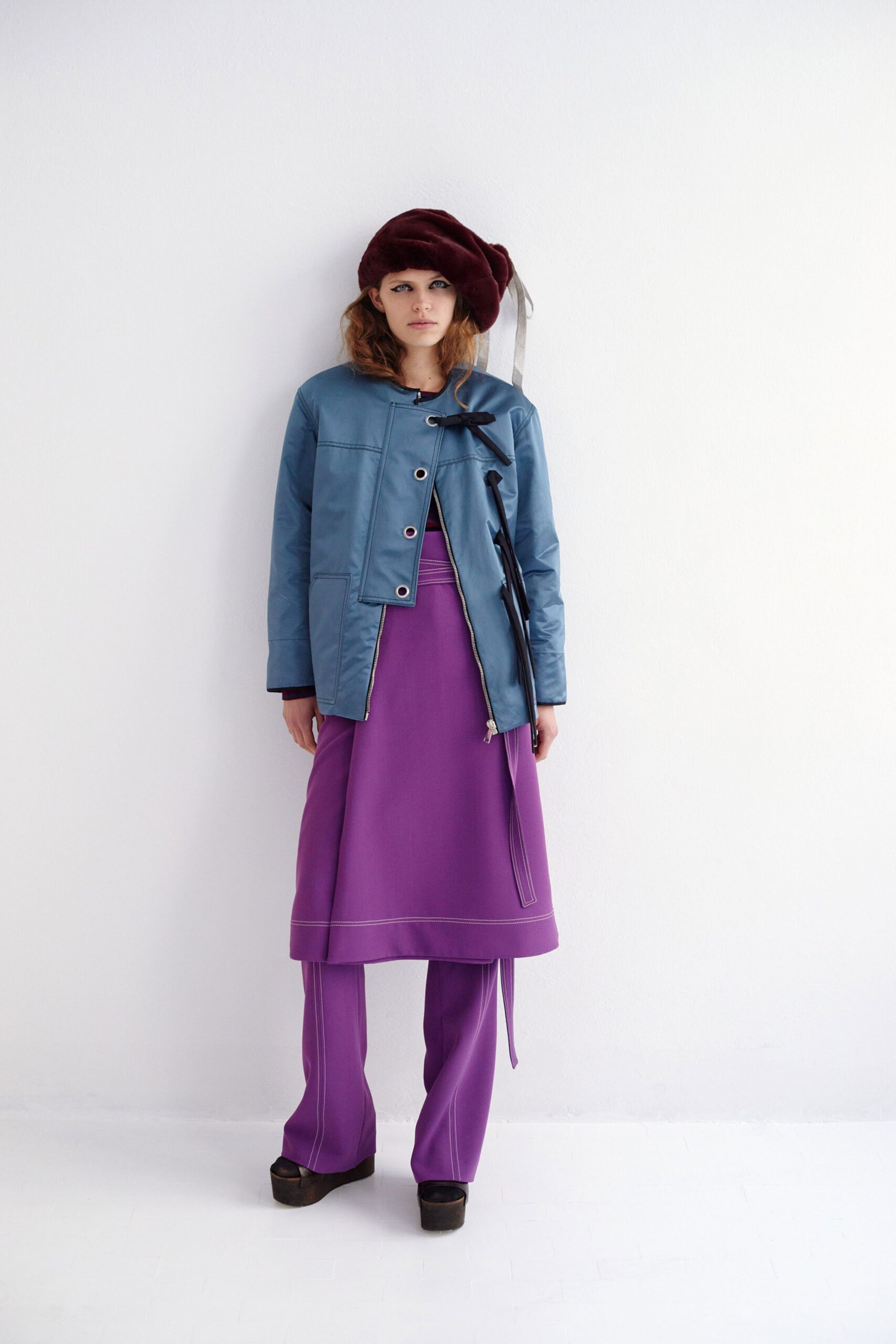 blue leather long-sleeve collared fitted zippered jacket
