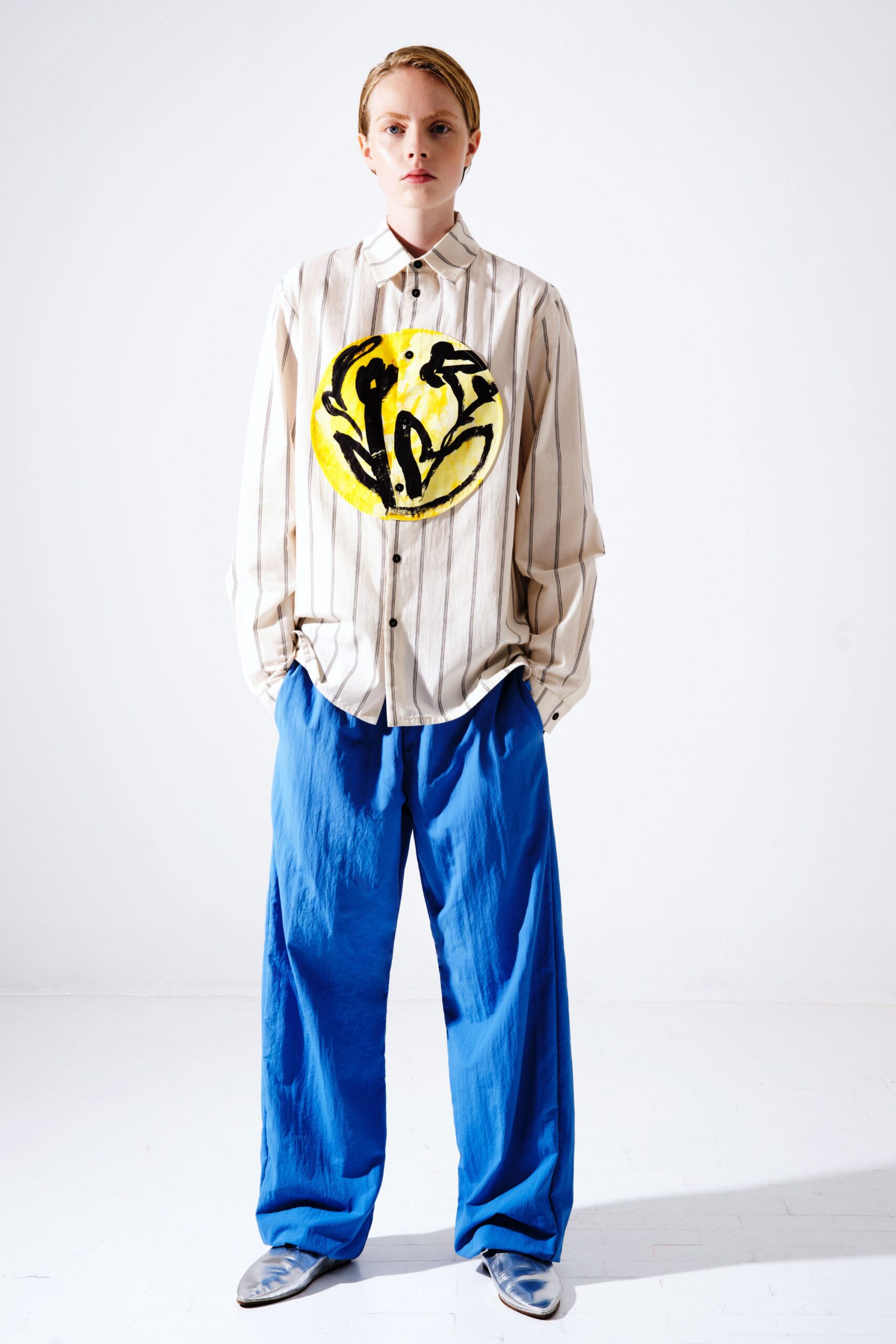 relaxed striped shirt and blue pants