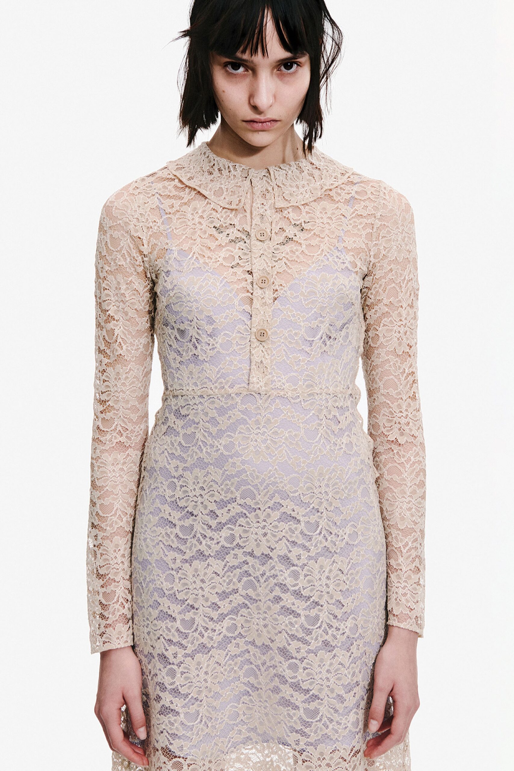 beige lace long-sleeve dress