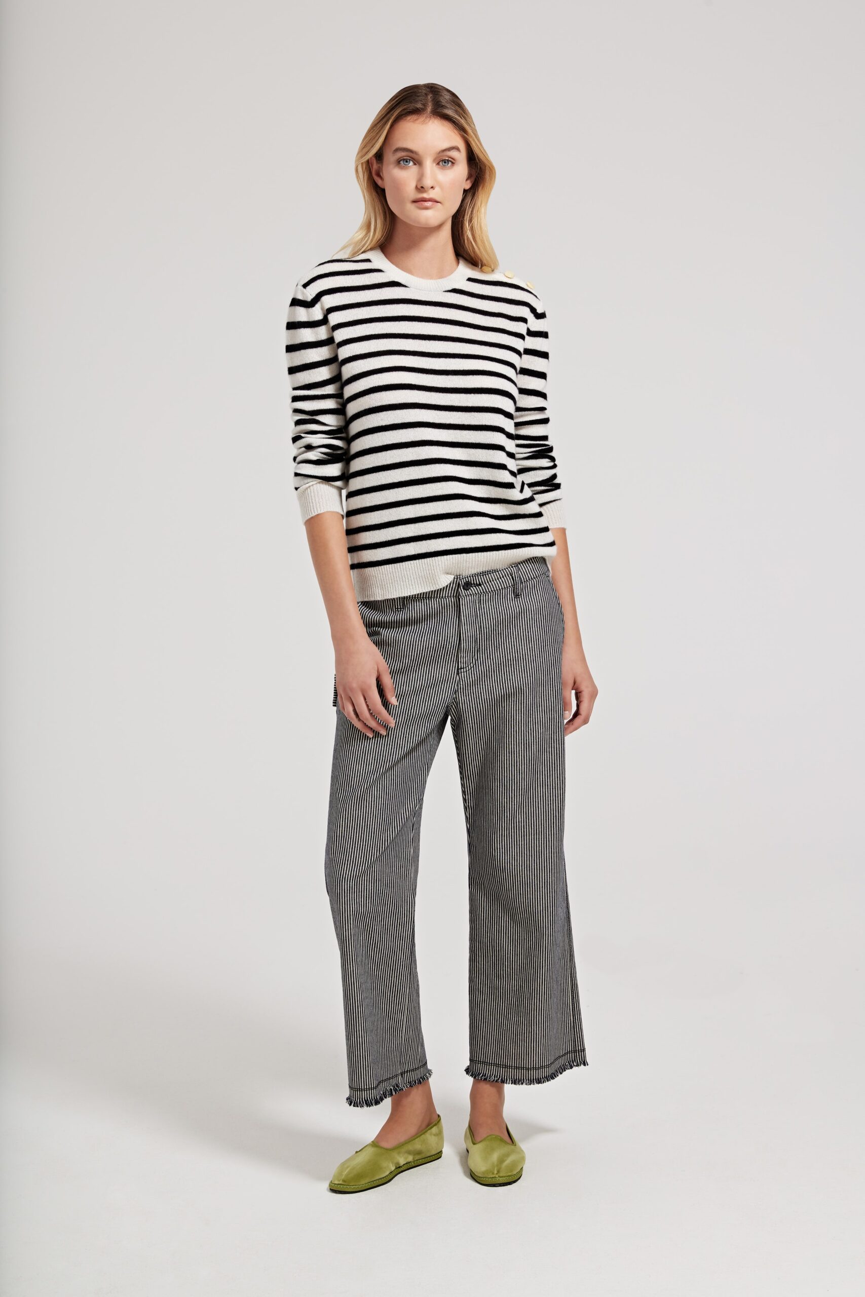 striped sweater and relaxed pants