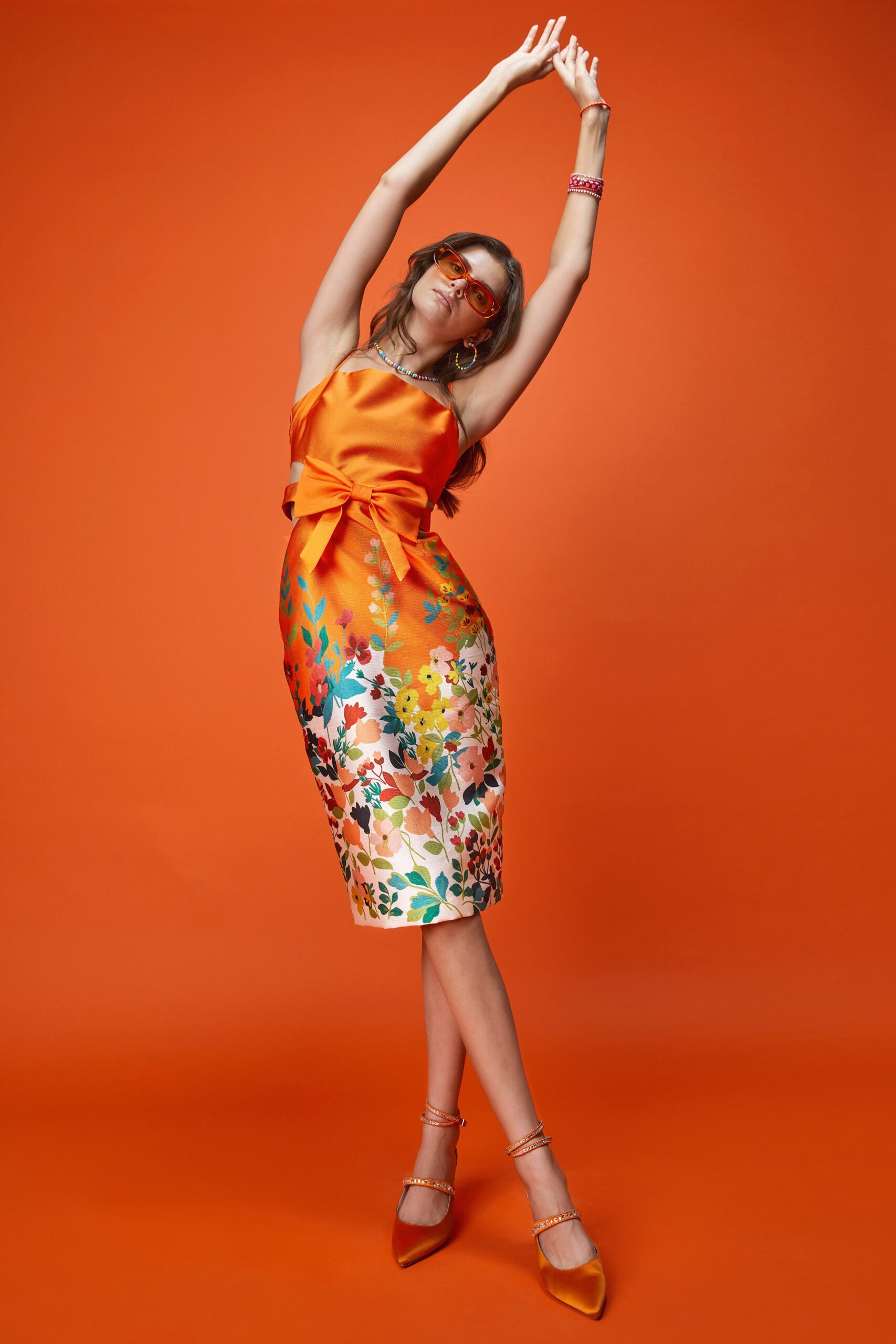 orange silk floral midi dress