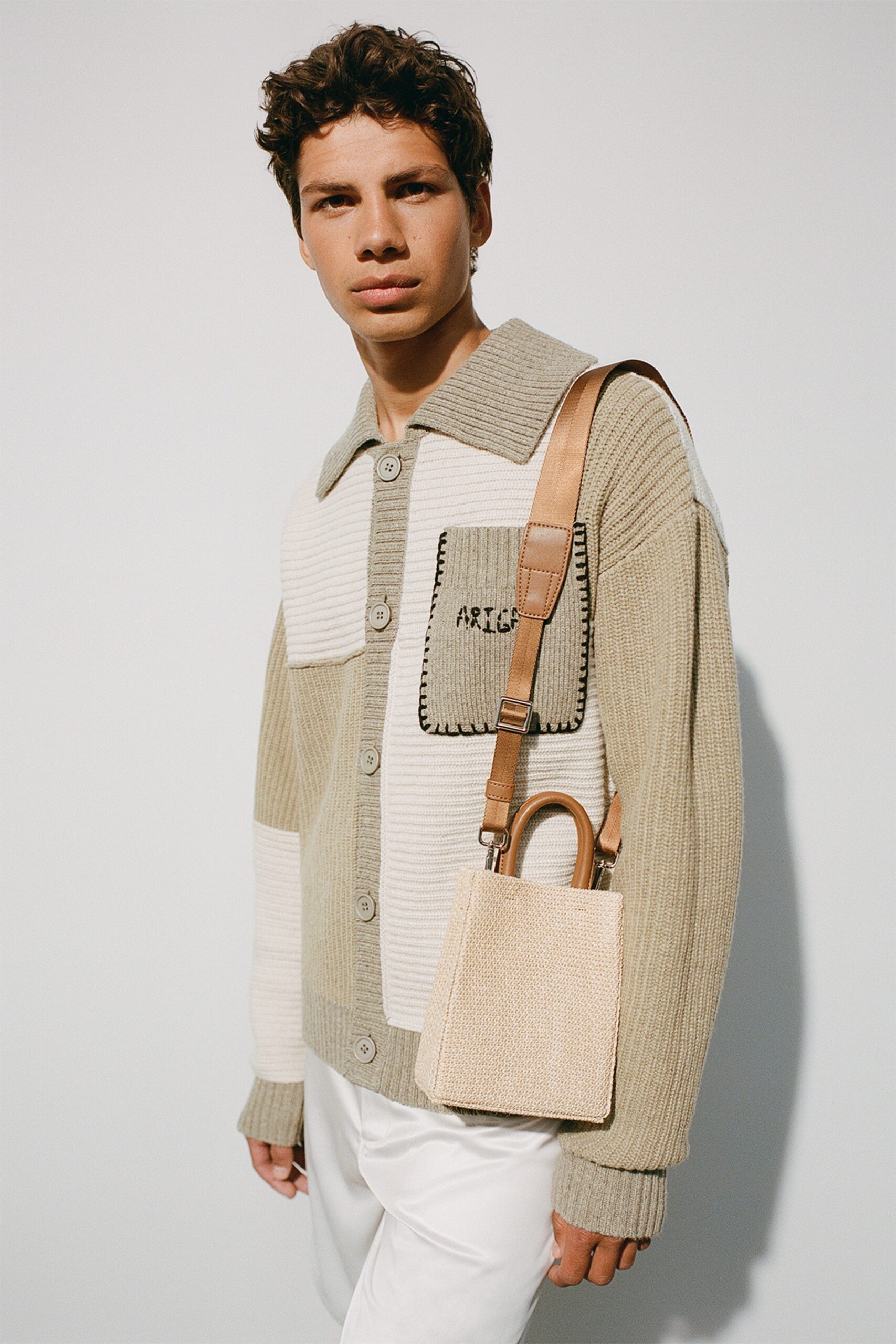 beige and white cardigan with slim pants
