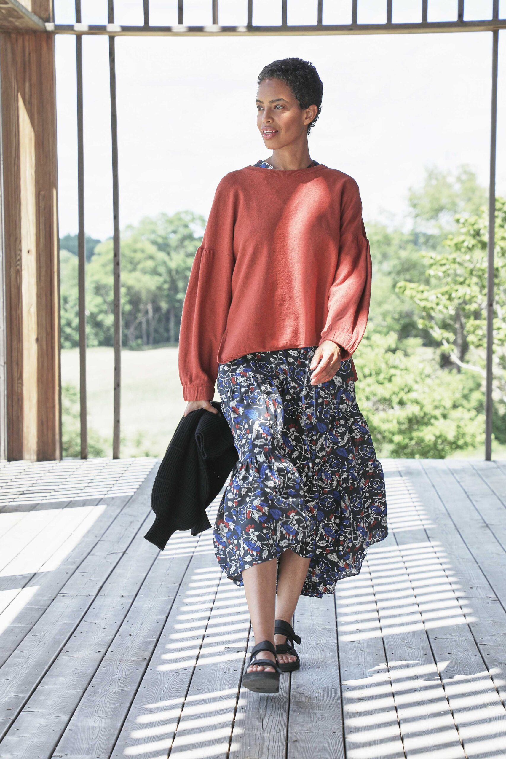 red cotton long-sleeve collared relaxed layered sweater