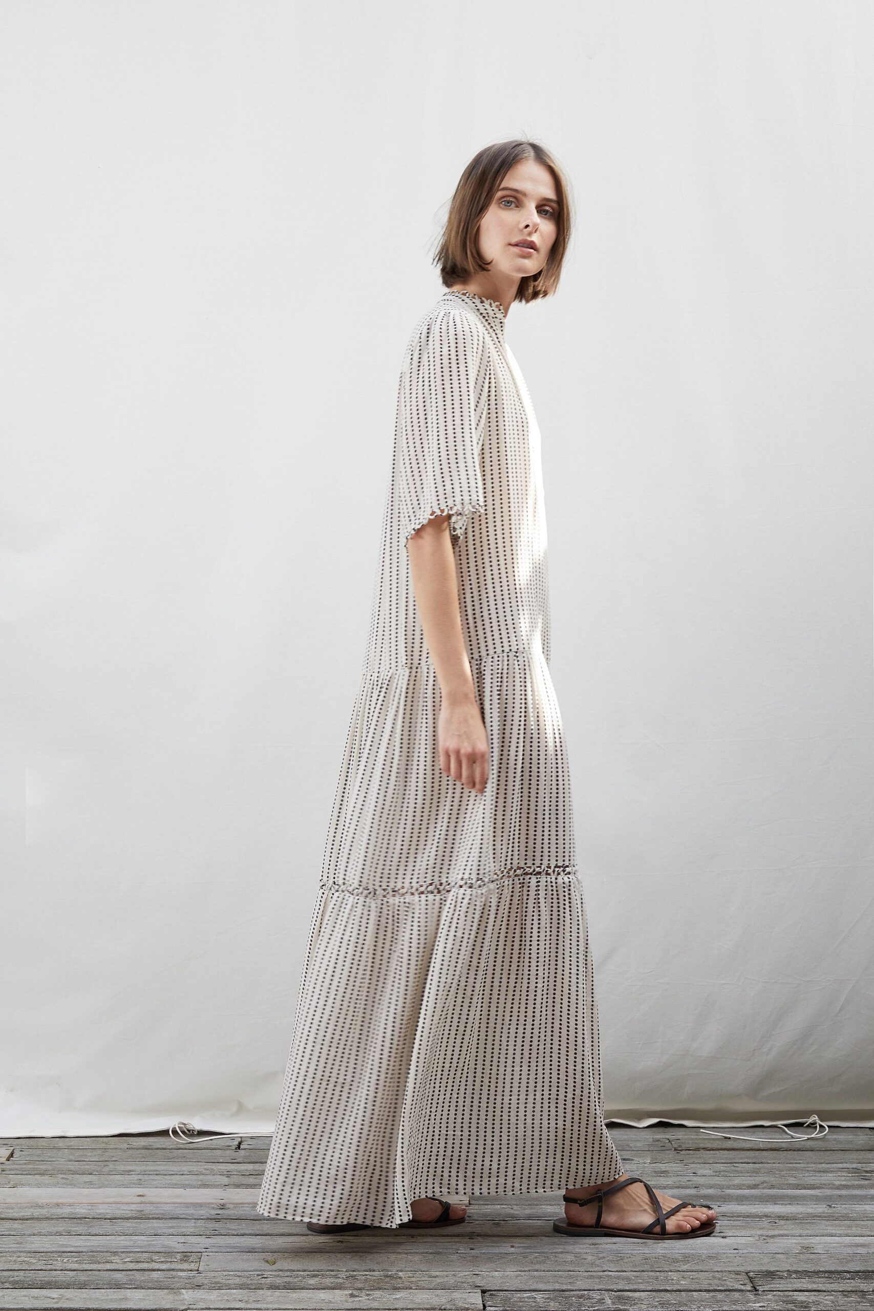 beige and white striped maxi dress