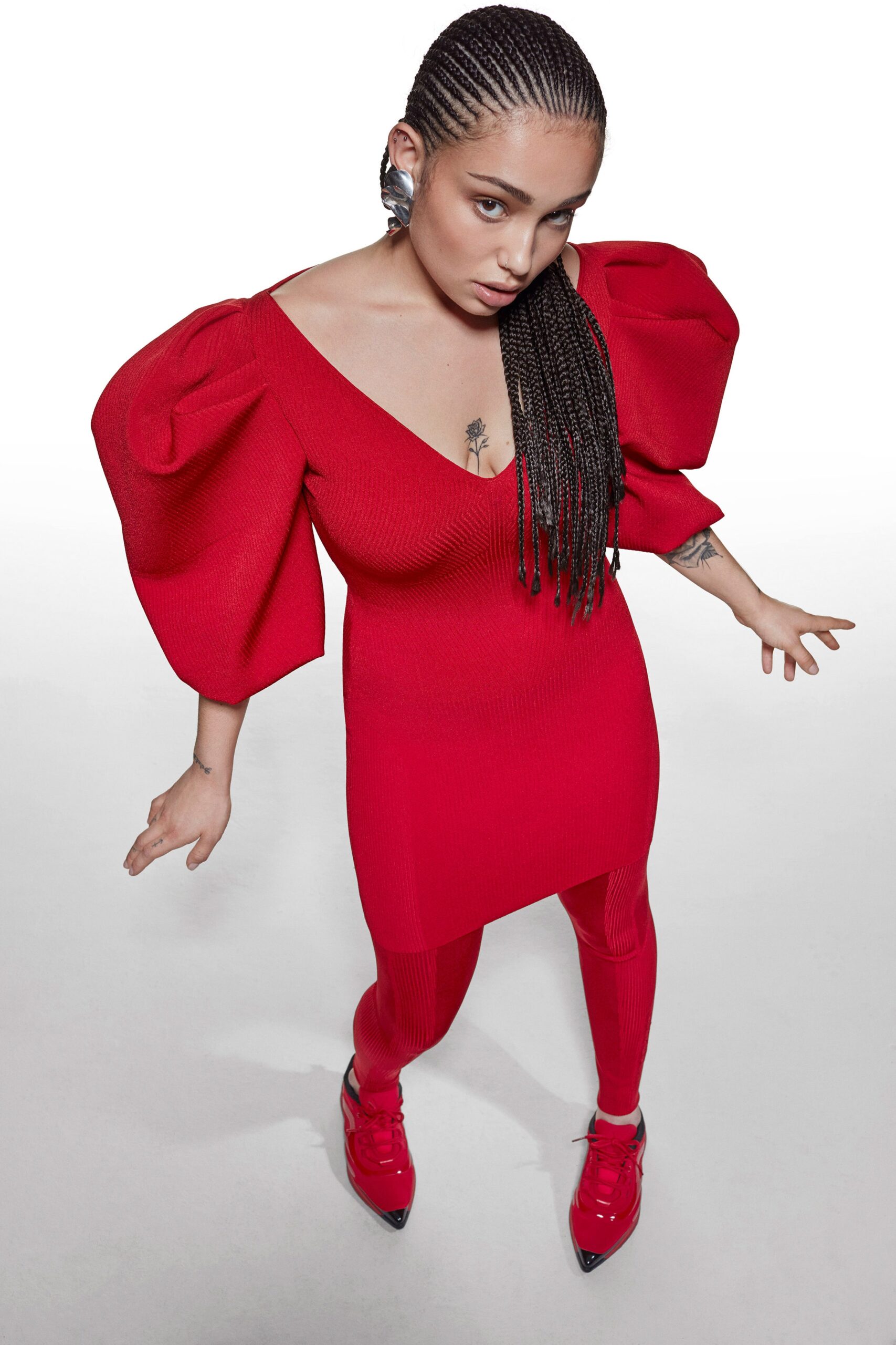 red knit long-sleeve v-neck fitted padded short dress