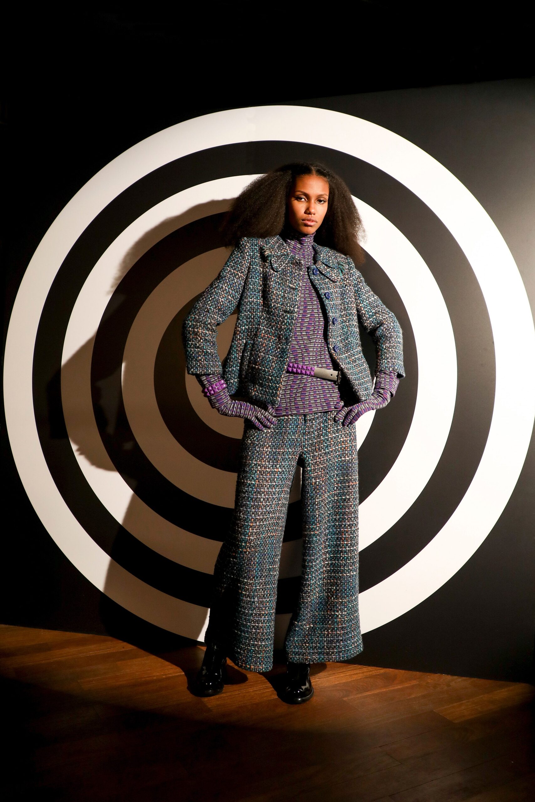 blue tweed jacket and pants