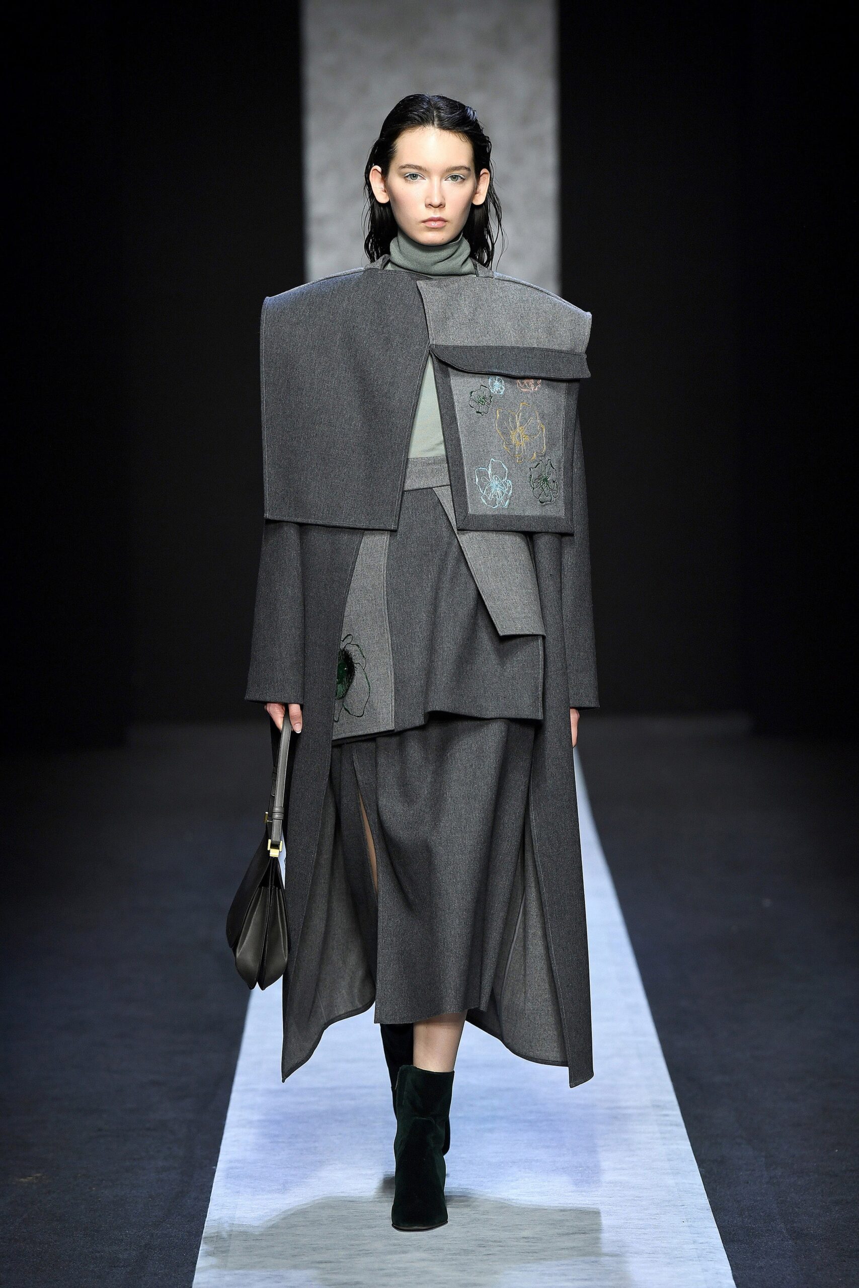 gray wool long-sleeve collared relaxed layered buttoned coat