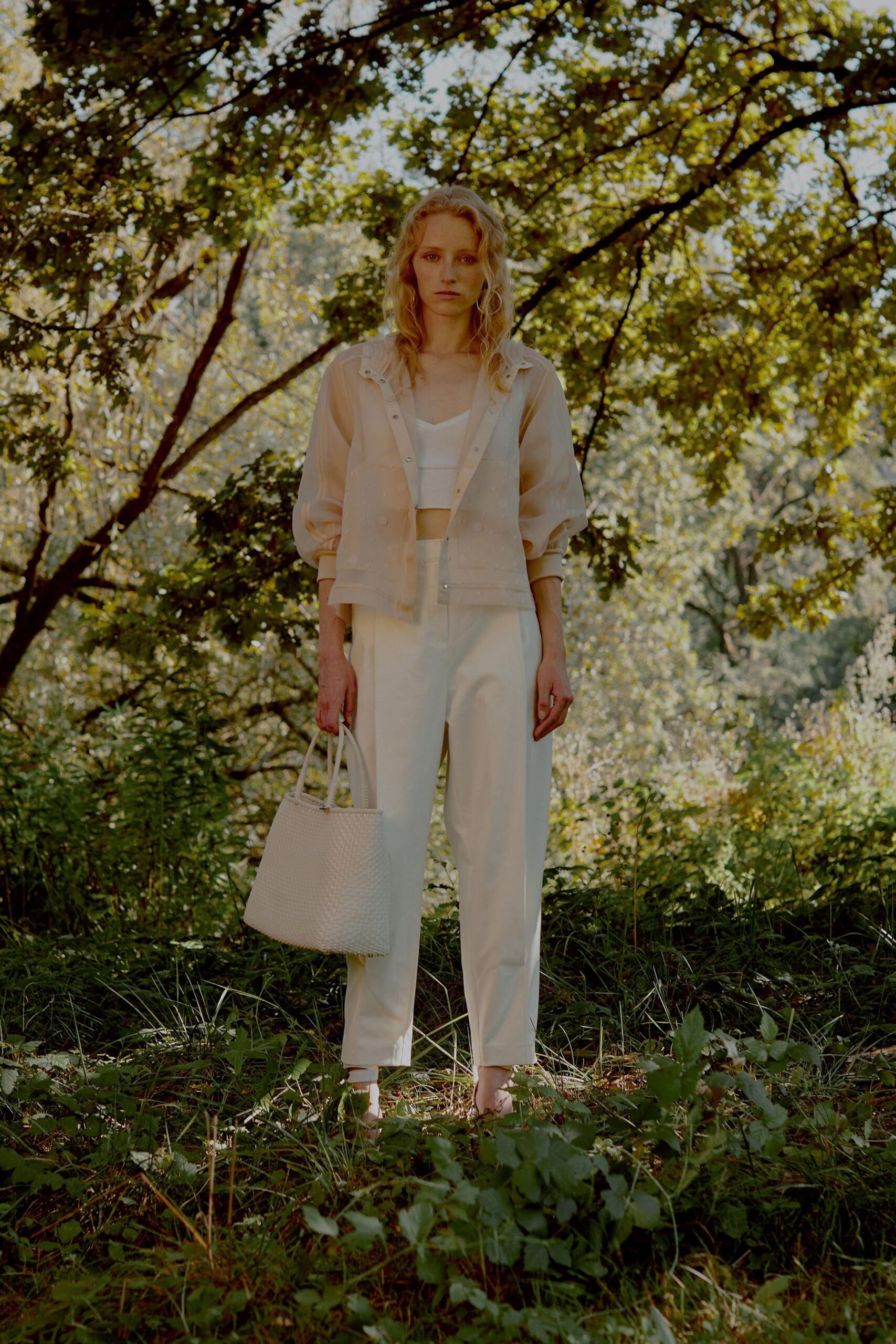 beige silk long-sleeve collared relaxed sheer flowing jacket